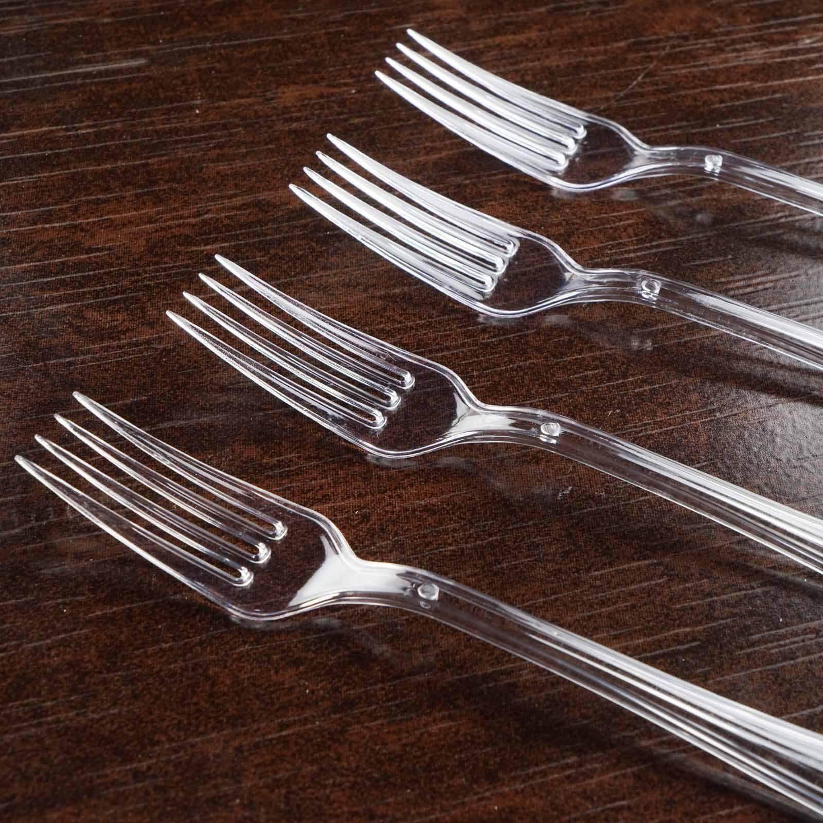 25 Pack 7" Clear Heavy Duty Disposable Forks with Fluted Handles, Plastic Silverware