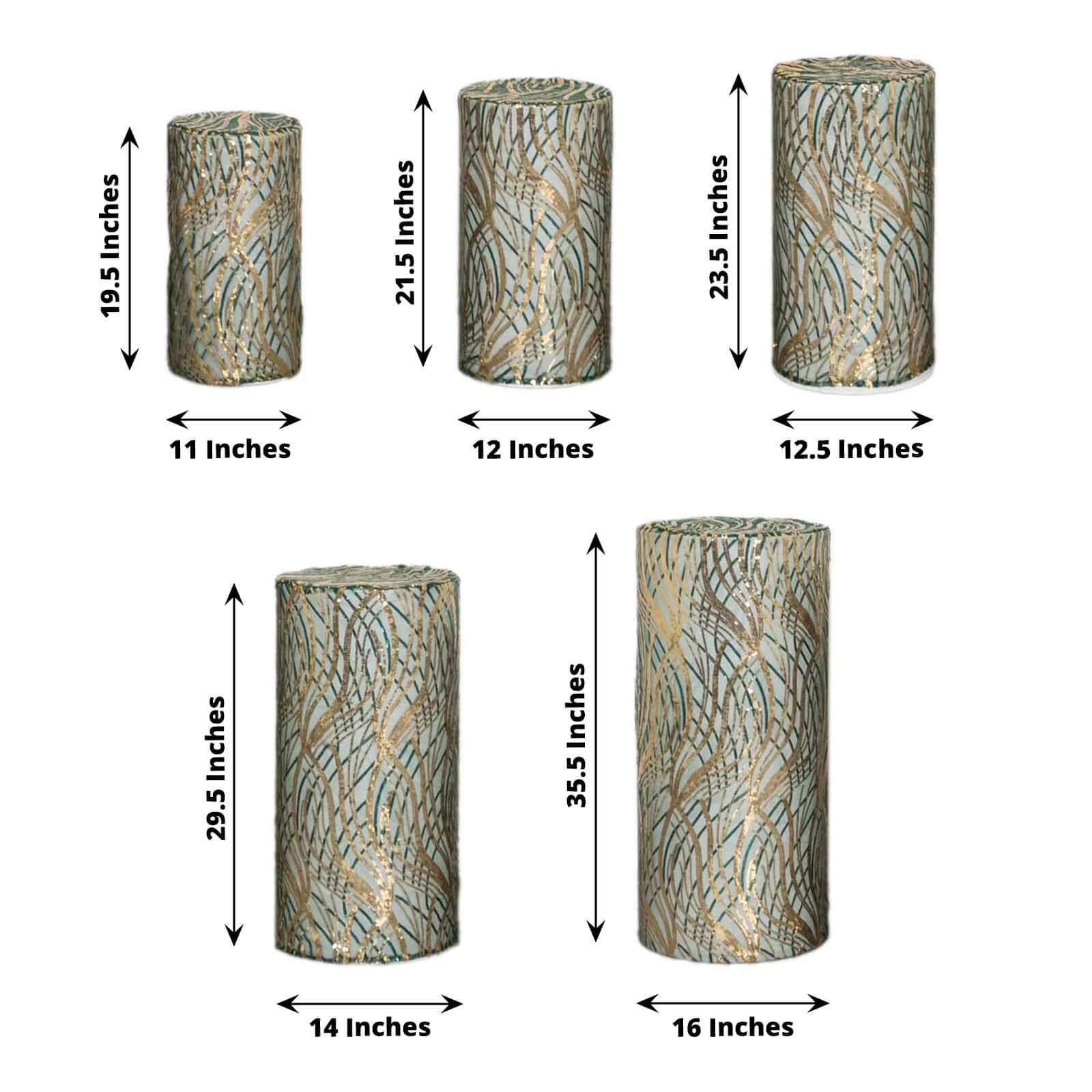 Set of 5 Hunter Green Wave Mesh Cylinder Pedestal Stand Covers with Embroidered Sequins, Emerald Pillar Prop Covers - 160 GSM