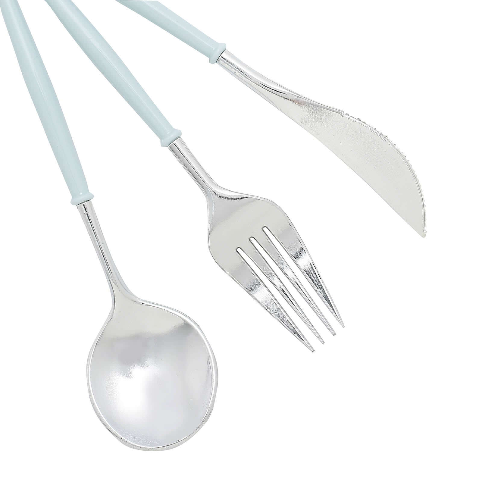 24-Pack Plastic Flatware Set in Silver with Light Blue Handle - Heavy Duty Disposable Modern Silverware 8"