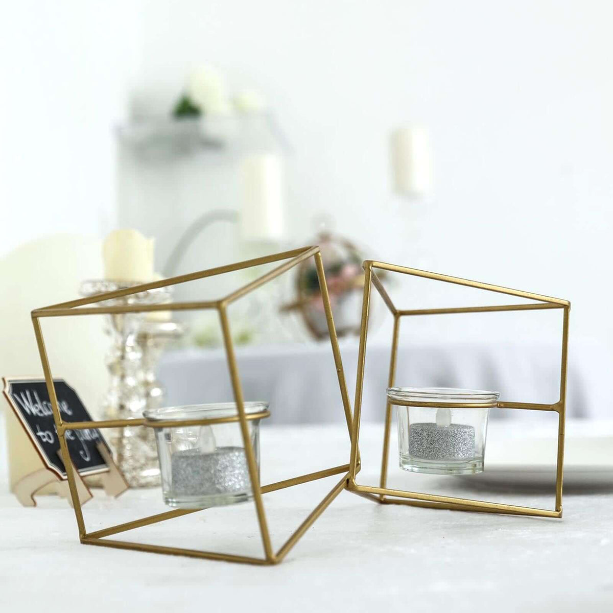 Set of Metal Candle Holders Linked Geometric Design Gold - Chic Votive Glass Decor for Events & Gatherings 9"