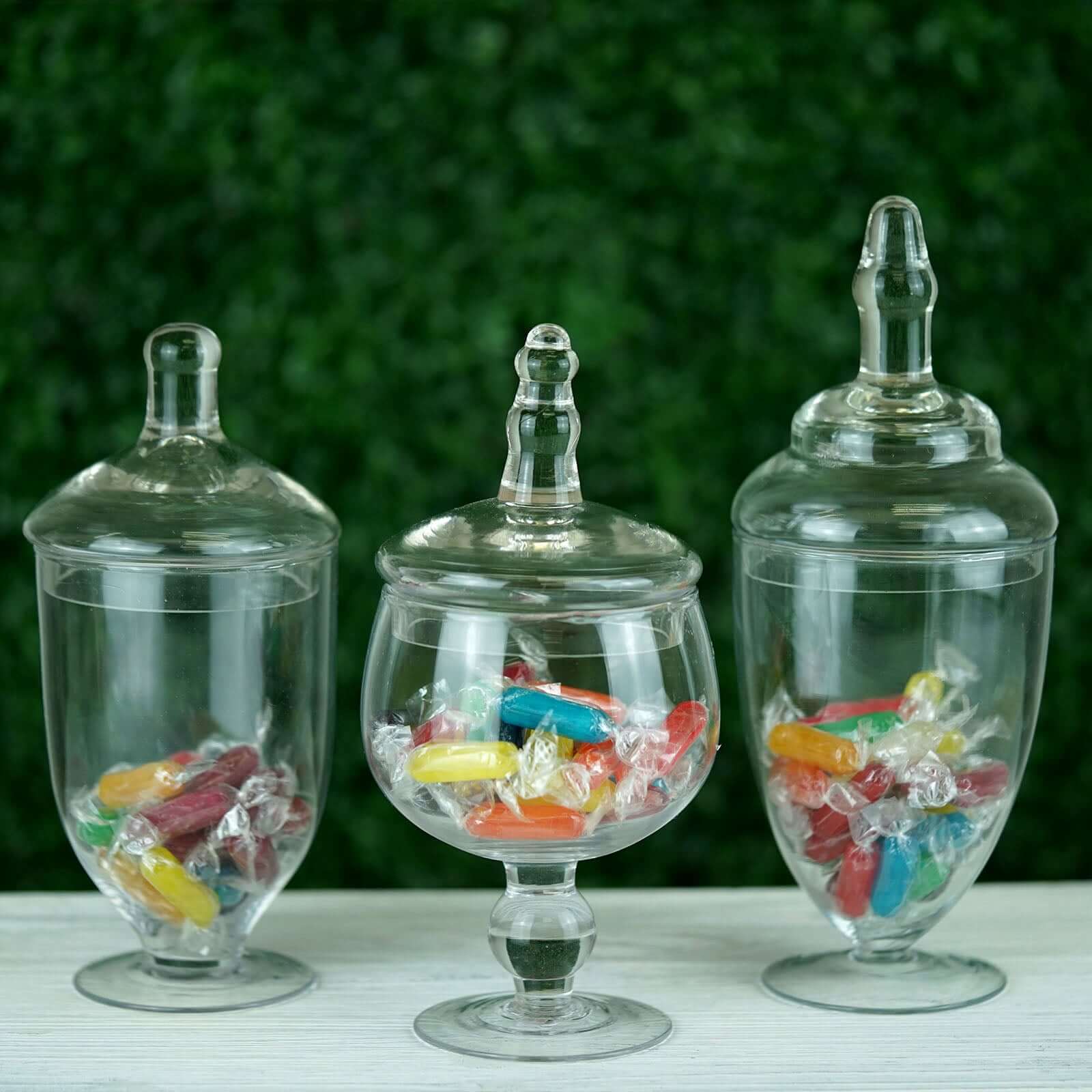 Set of 3 Glass Jars Apothecary Design Clear and Snap-On Lids - Stylish Decorative Candy Buffet Storage 8.5", 9", 10"