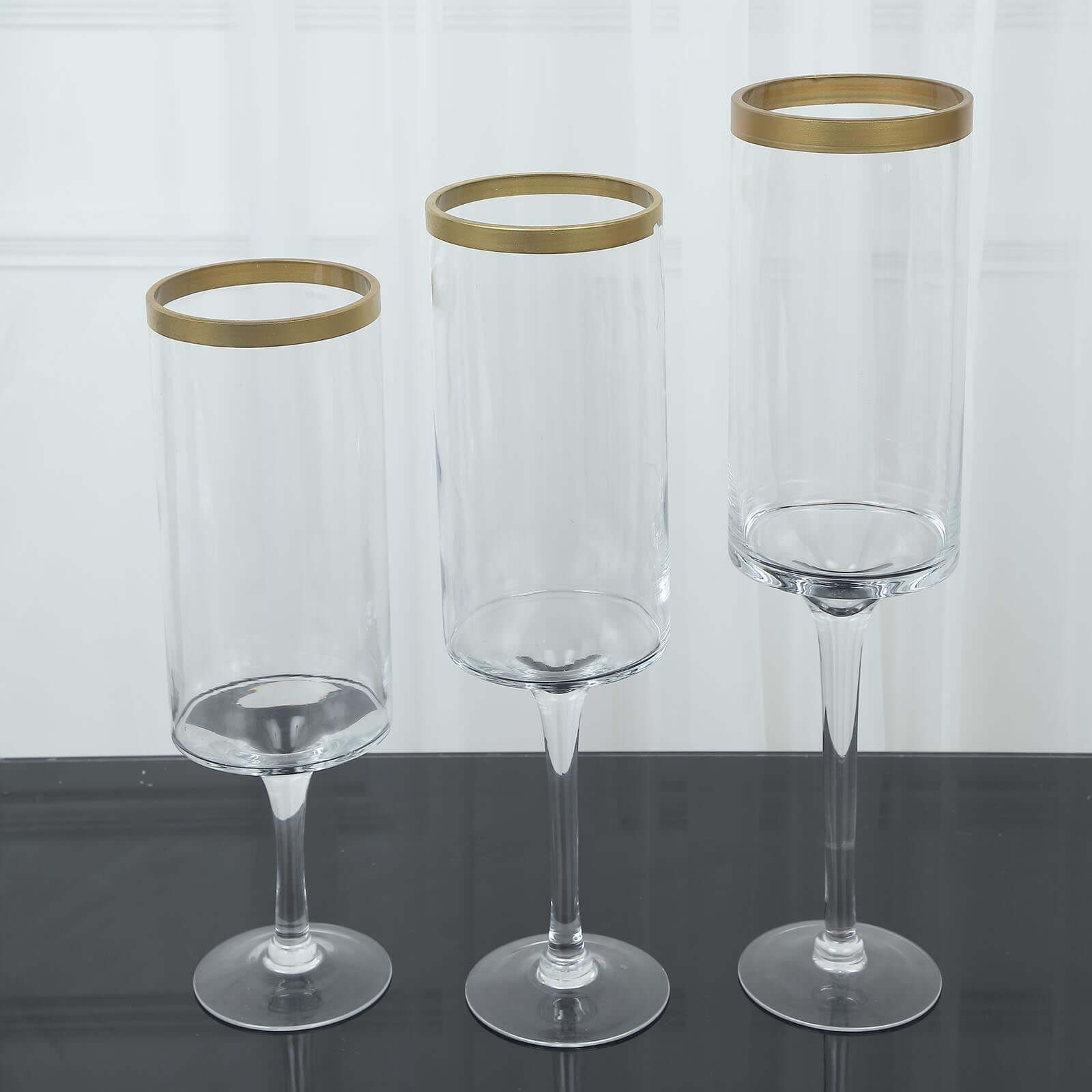Set of 3 Glass Hurricane Candle Holders Long Stem Clear with Gold Rim - Decorative Pedestal Floral Centerpieces 16", 18", 20"