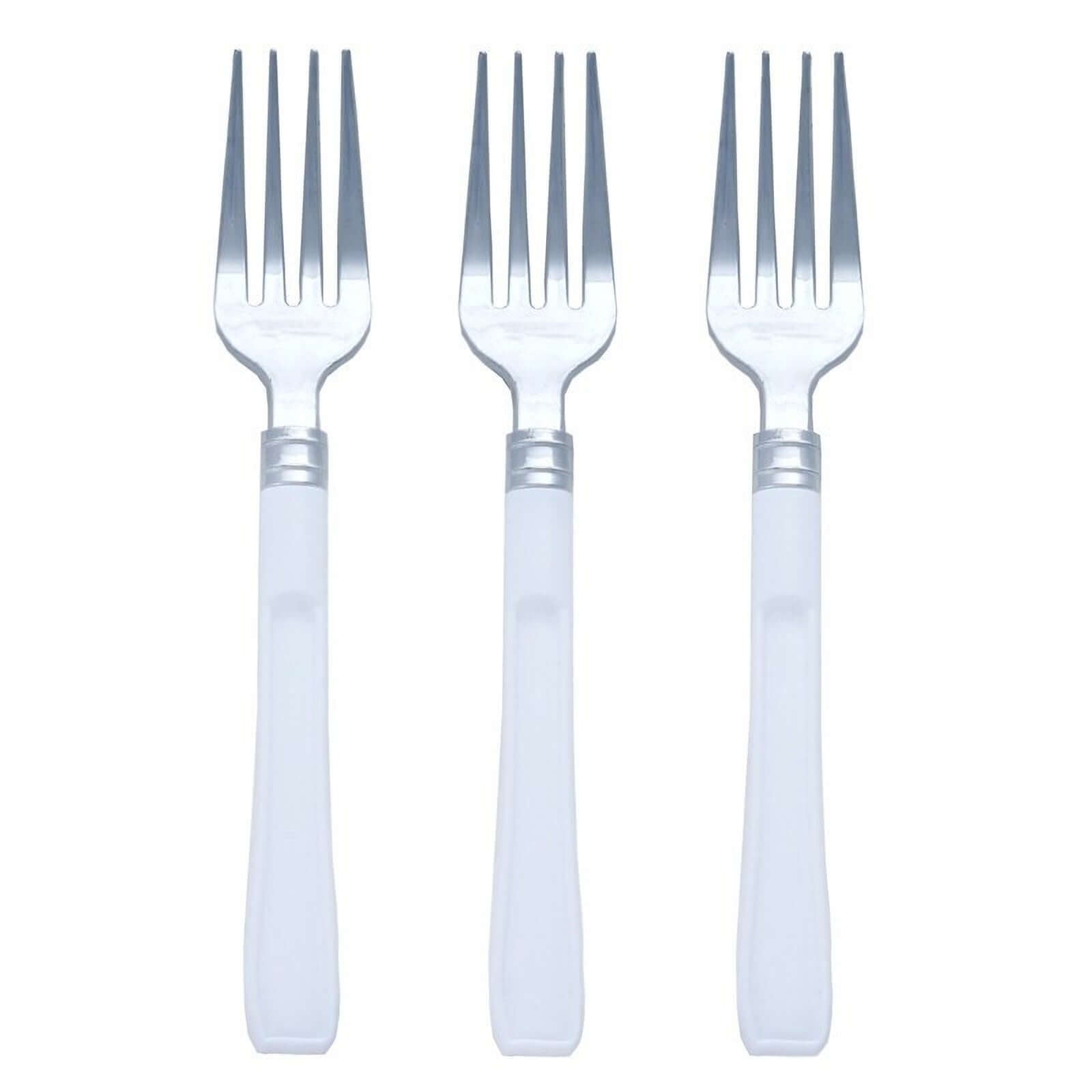 25-Pack Plastic Forks Light Silver Heavy Duty with White Handles - Reliable Disposable Tableware 7"