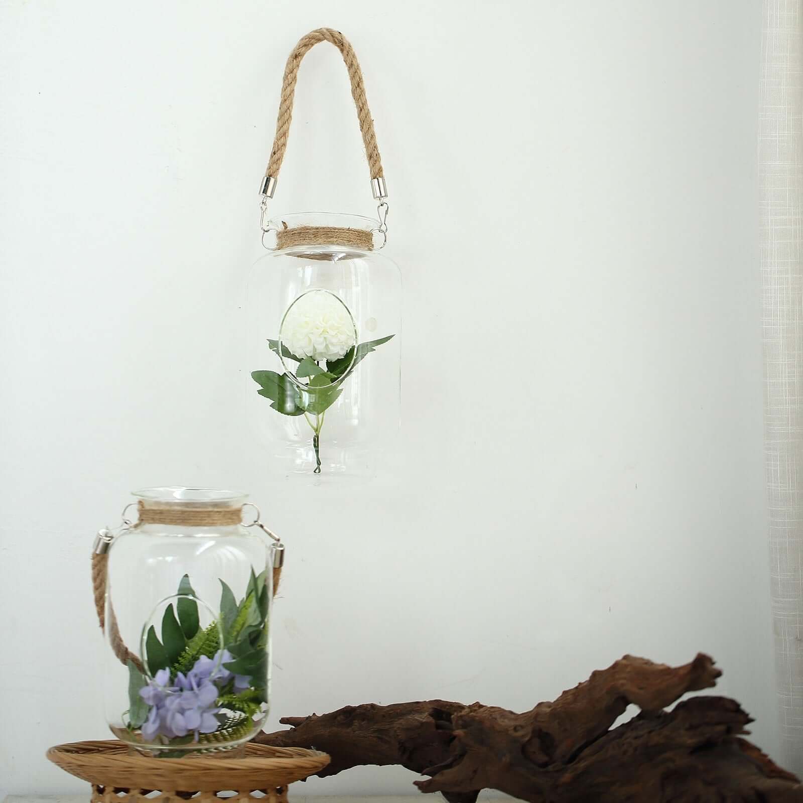 2-Pack Glass Vase Jars Clear with Twine Rope Handle - Rustic Hanging Terrariums for Events 16"