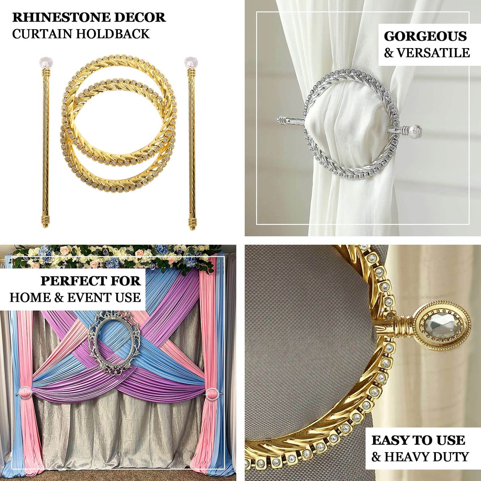 Set of 2 6" Gold Acrylic Braided Barrette Style Curtain Tie Backs With Crystal Diamond Studded Edge, Round Backdrop Drapery Brooch Holdbacks