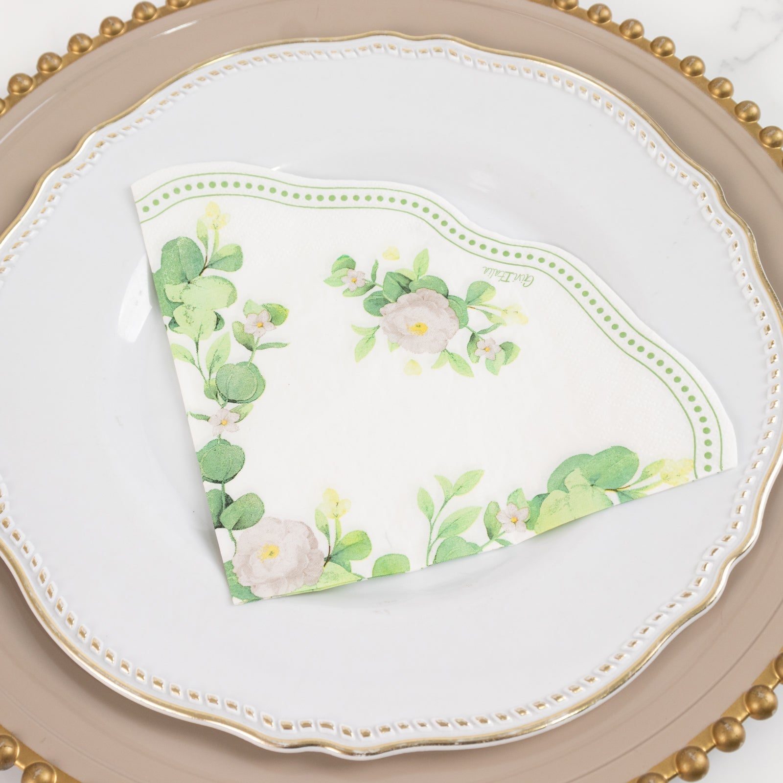 25-Pack Round Paper Cocktail Napkins with Floral Greenery and Scalloped Edge White - Disposable 2 Ply Beverage Napkins 12"