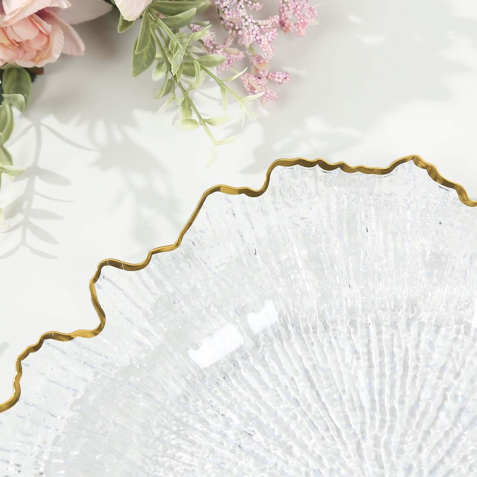 6-Pack Plastic Round Charger Plates 12" in Clear Reef Design with Gold Rim, Decorative Dinner Party Serving Plates