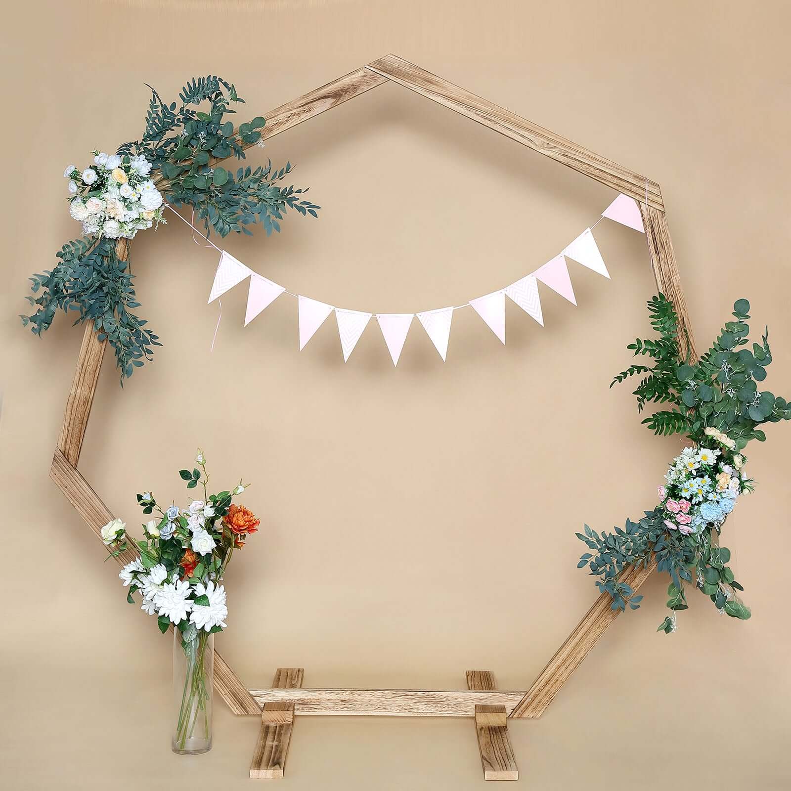 7ft Wooden Wedding Arch, Heptagonal Rustic Photography Backdrop Stand
