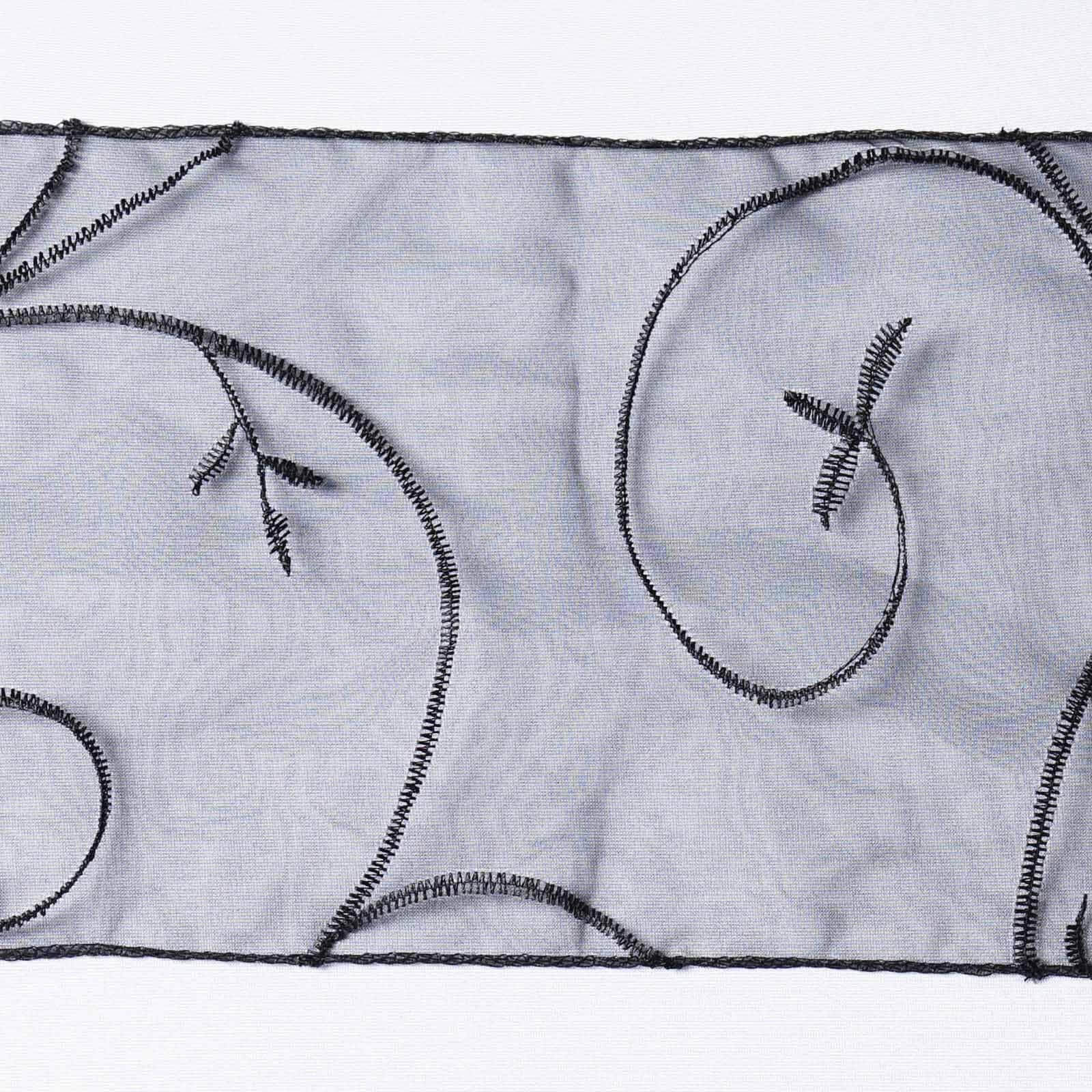 5 Pack Organza Chair Sashes with Satin Leaf Embroidery Black - Reusable Sheer Design for Classy Weddings & Events 7"x108"