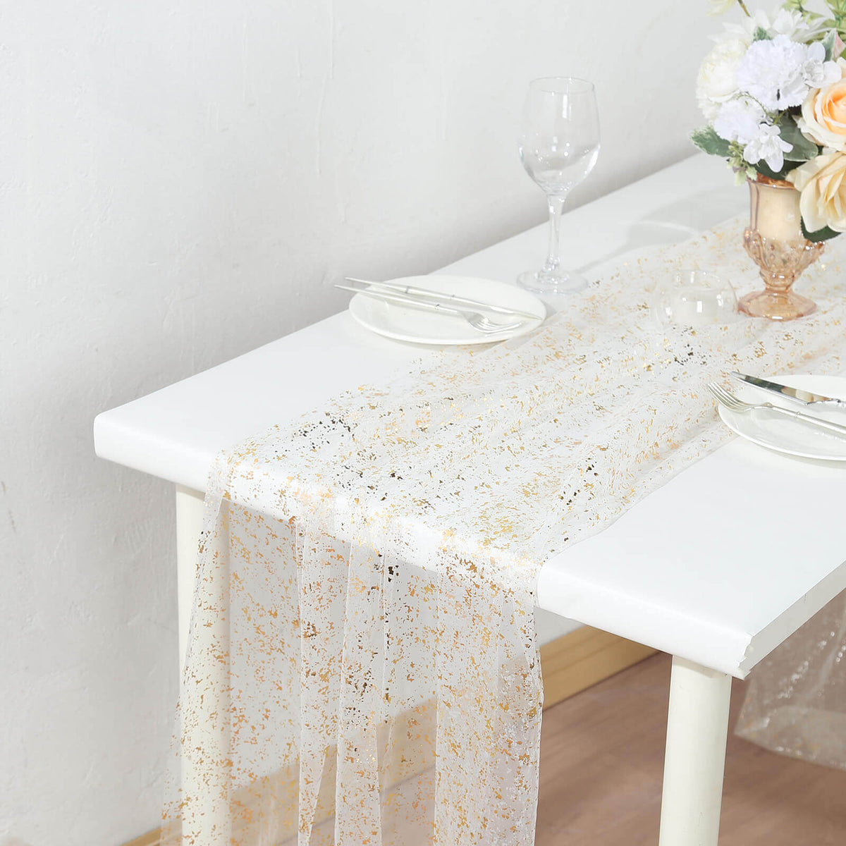 Sheer Chiffon 10ft Table Runner Metallic Gold Glittered Design - Sparkling Table Decor