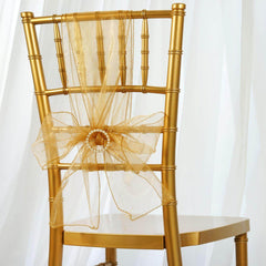 5 Pack Organza Chair Sashes Gold - Timeless Reusable Sheer Chair Bows for Chic Events 6"x108"