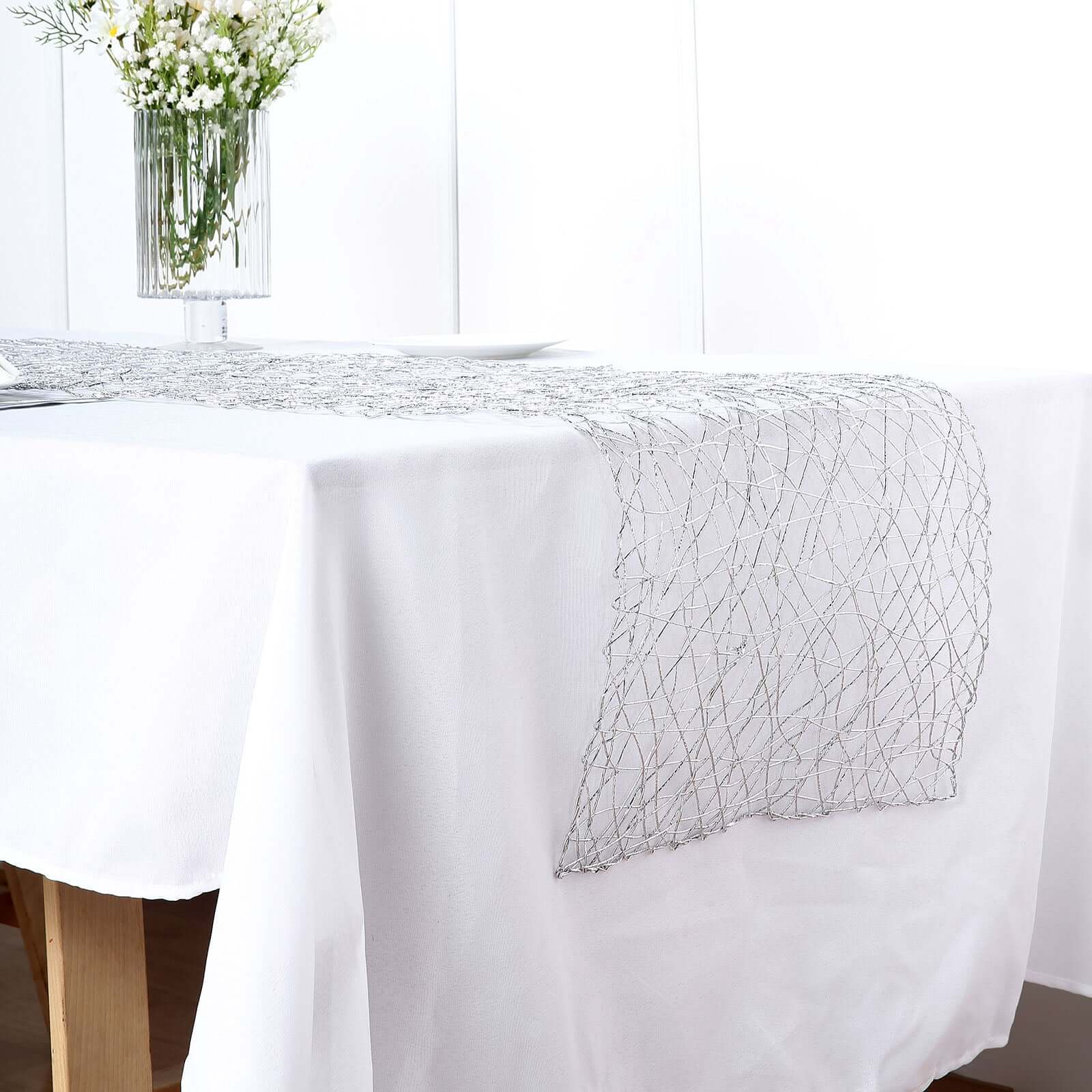Metallic String Woven 16"x72" Table Runner Silver - Reversible Wire Nest Table Decor