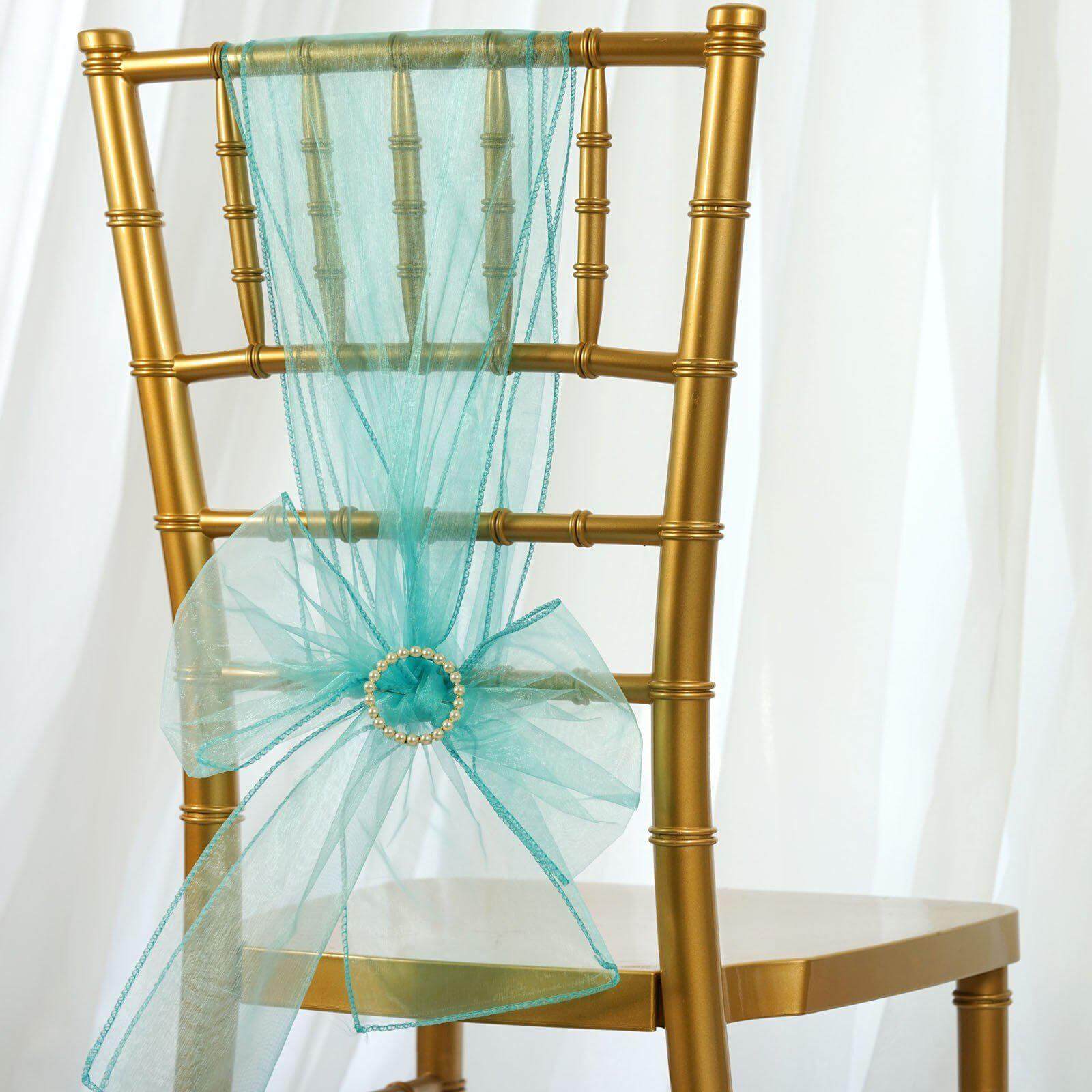 5 Pack Organza Chair Sashes Turquoise - Reusable Sheer Chair Bows 6"x108"