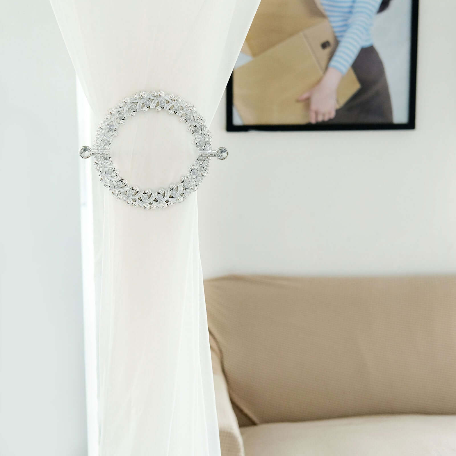 2 Pack 7" Silver Barrette Style Acrylic Crystal Curtain Tie Backs, Round Backdrop Drapery Brooch Holdbacks