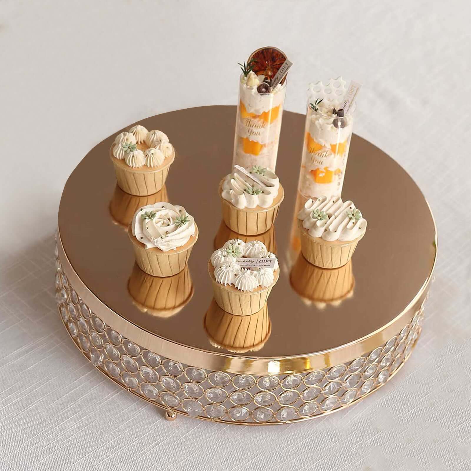 Metal Cake Stand Pedestal Crystal Beaded Design Gold - Cupcake Display and Dessert Riser 16"
