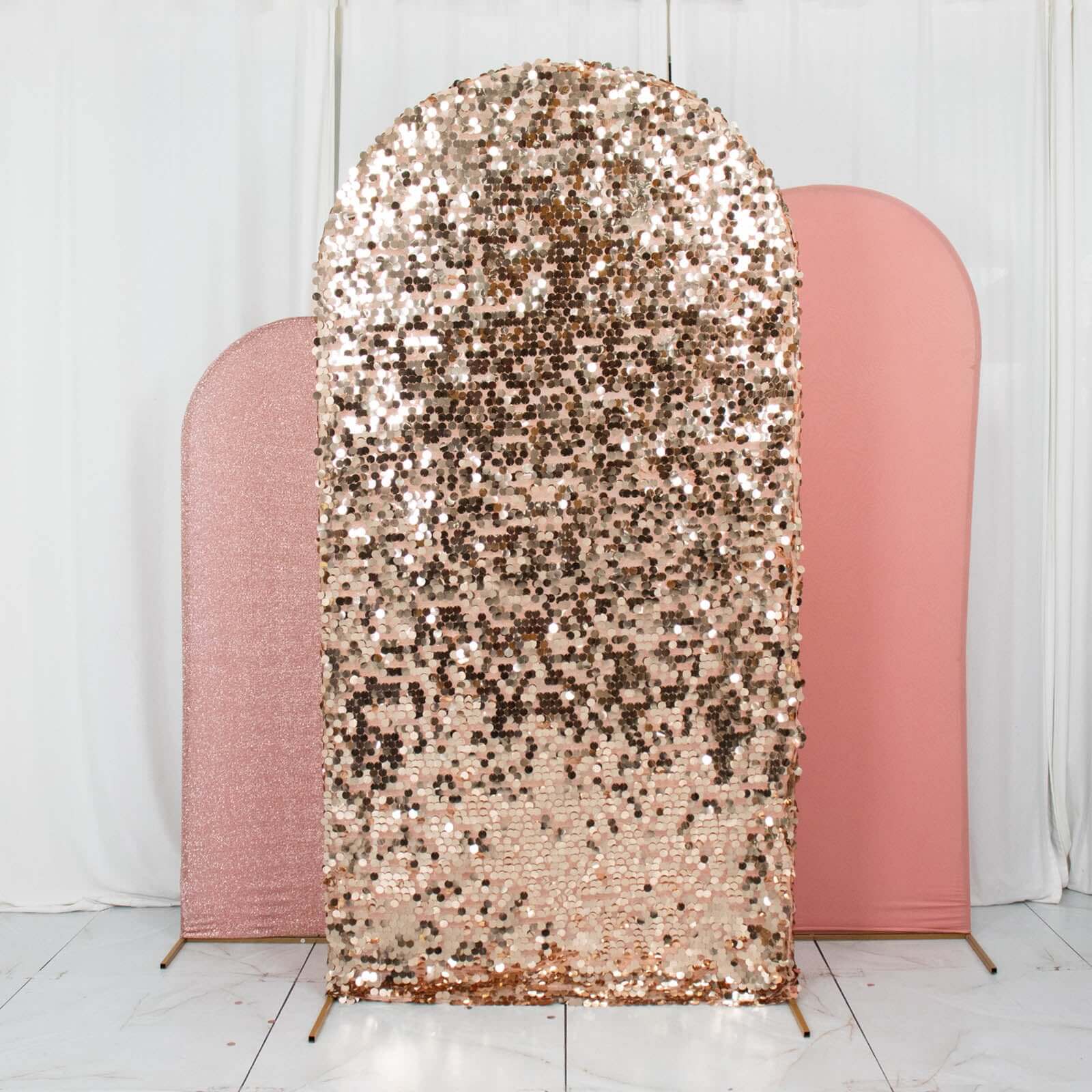 Set of 3 Rose Gold Round Top Fitted Wedding Arch Frame Covers, Big Payette Sequin, Shimmer Tinsel and Matte Spandex Backdrop Stand Covers