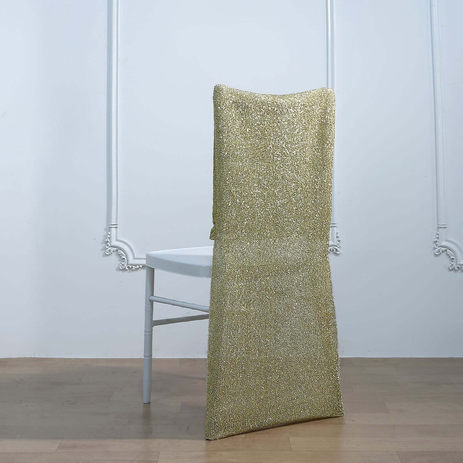 Stretch Spandex Chair Back Slipcover with Metallic Shimmer Tinsel Champagne - Durable Chiavari Chair Back Cover