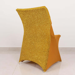 Stretch Spandex Chair Cover Gold for Folding Chairs - Luxurious Metallic Shimmer Tinsel Back Design Fitted Slipcover