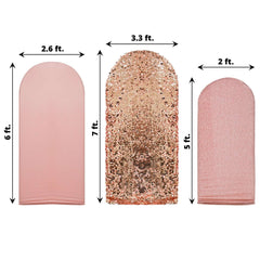 Set of 3 Rose Gold Round Top Fitted Wedding Arch Frame Covers, Big Payette Sequin, Shimmer Tinsel and Matte Spandex Backdrop Stand Covers