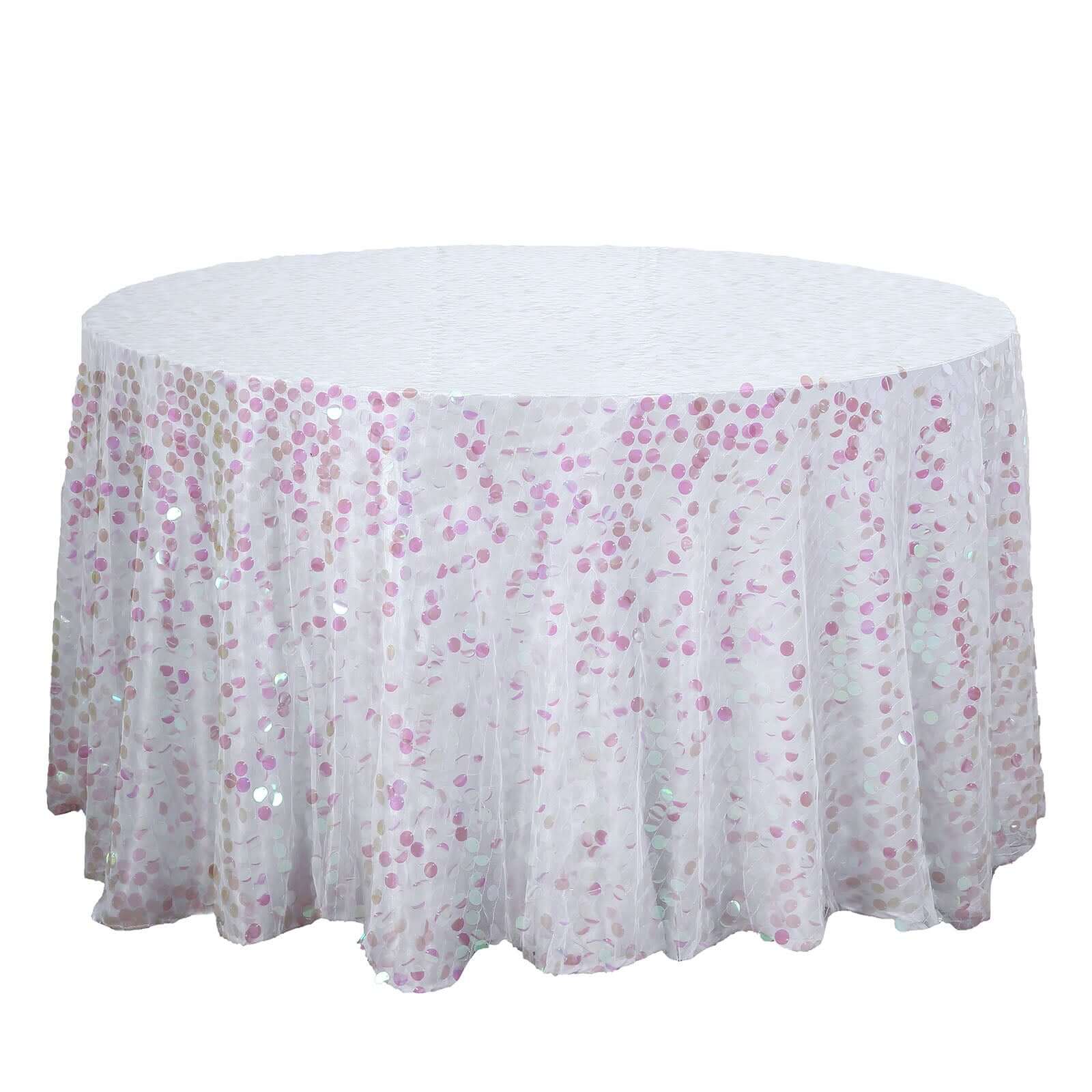 120" Iridescent Seamless Big Payette Sequin Round Tablecloth Collection for 5 Foot Table With Floor-Length Drop