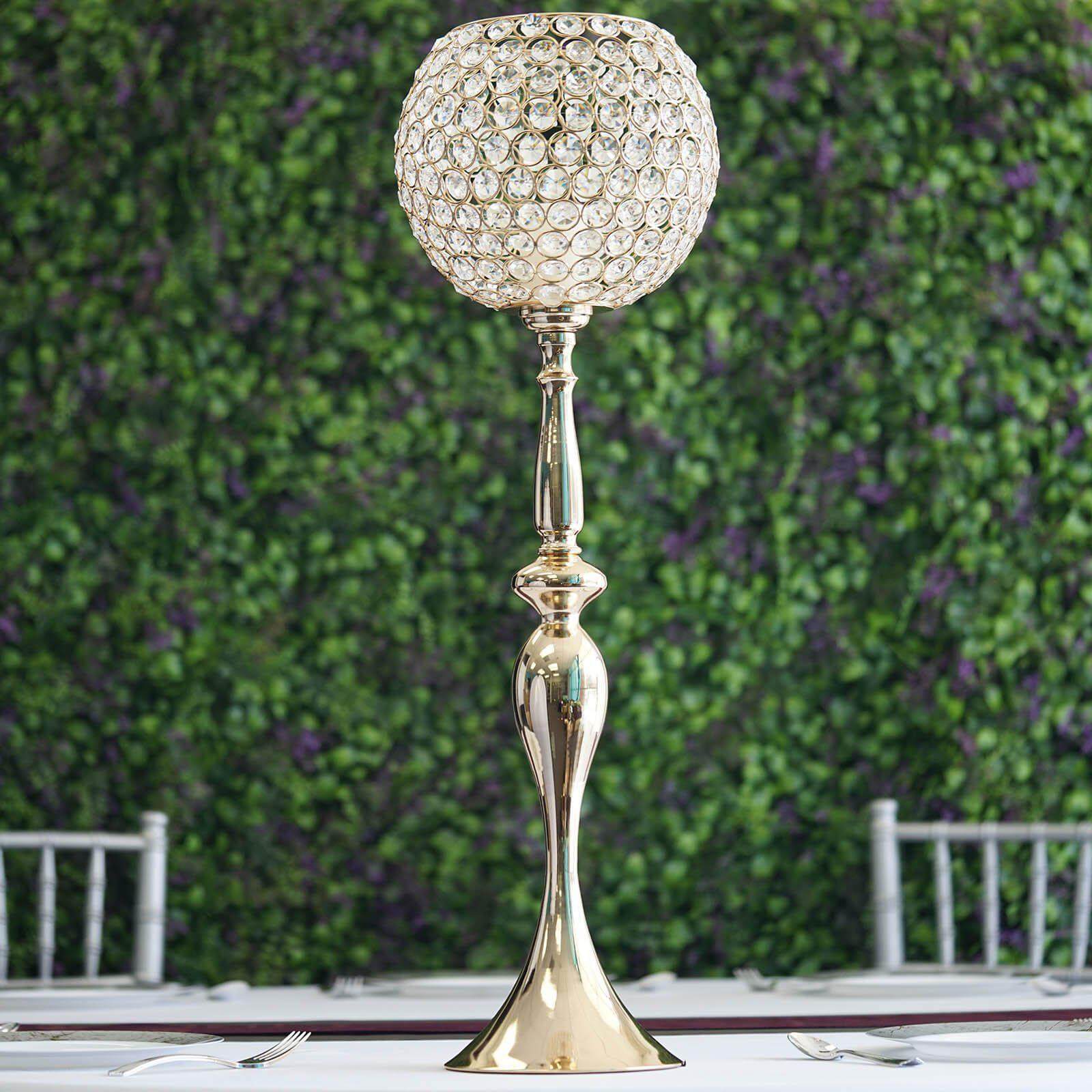 Acrylic Crystal Beaded Goblet Candle Holder Gold - Exquisite Flower Ball Centerpiece Stand for High-End Event Styling 30"