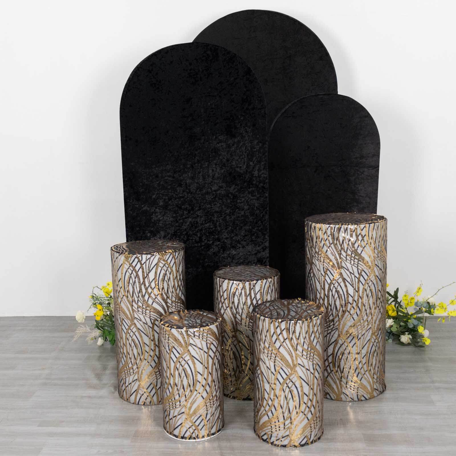 Set of 5 Black Wave Mesh Cylinder Pedestal Stand Covers with Embroidered Sequins, Pillar Prop Covers - 160 GSM