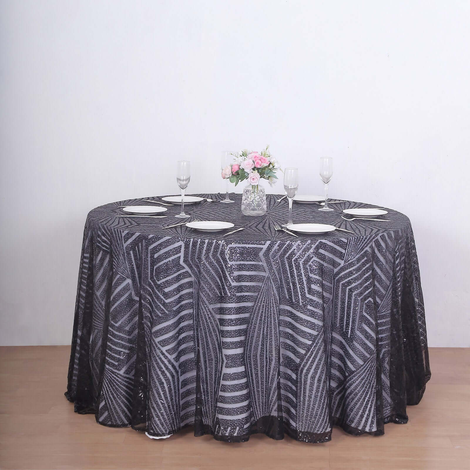 Sequin 120" Round Tablecloth Black - Seamless Diamond Glitz Table Cover