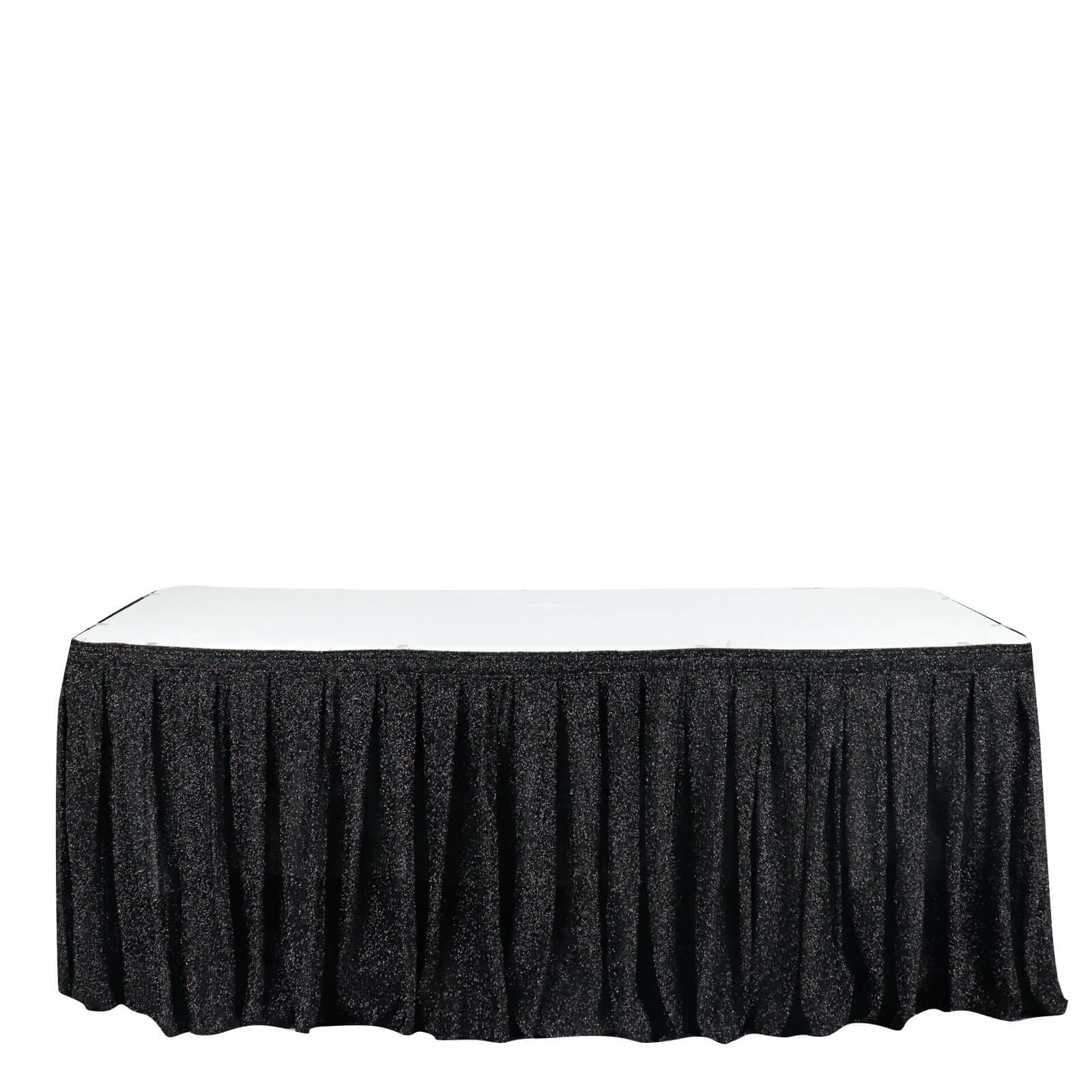 Spandex 17ft Table Skirt Black Pleated Metallic Shimmer Tinsel with Top Velcro Strip Table Cover