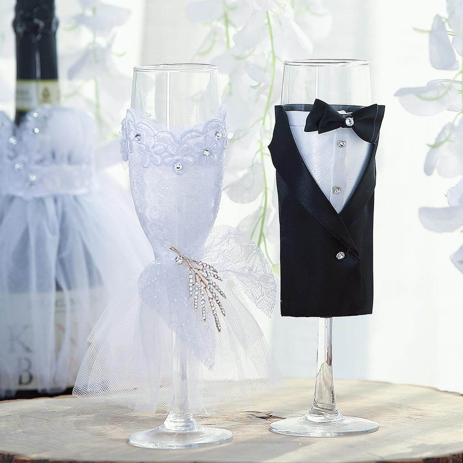 Set of 2 Clear Champagne Flutes with Black Bride and Groom Koozies - Wedding Toast Glasses 9"