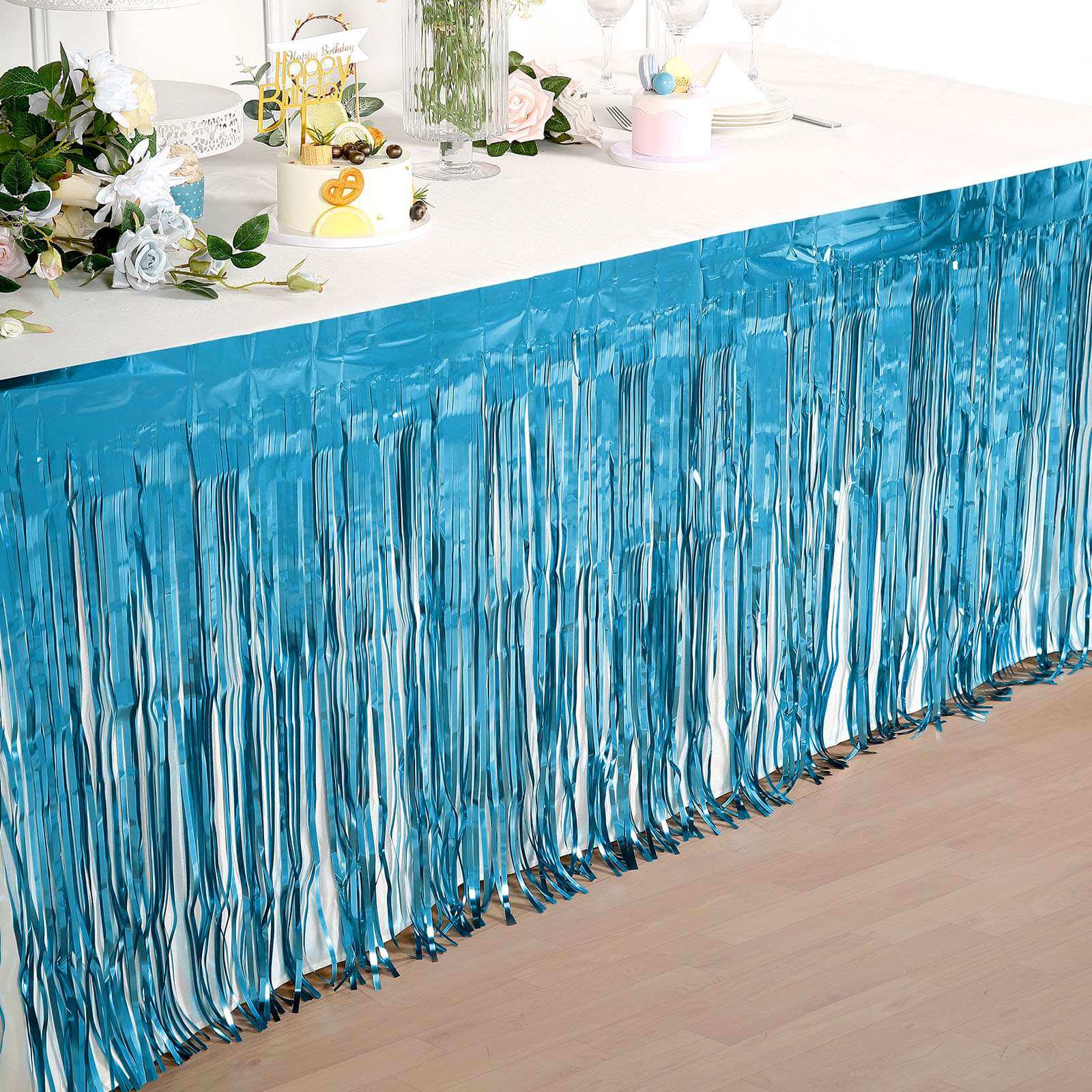 Metallic Foil Fringe Table Skirt Blue with Self Adhesive Backing - Durable Tinsel Skirt for Parties 30"x9ft