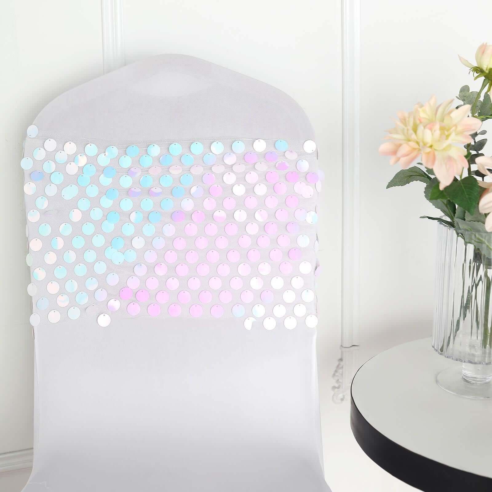 5 Pack 13"x10" Iridescent Blue Big Payette Sequin Chair Sash Bands