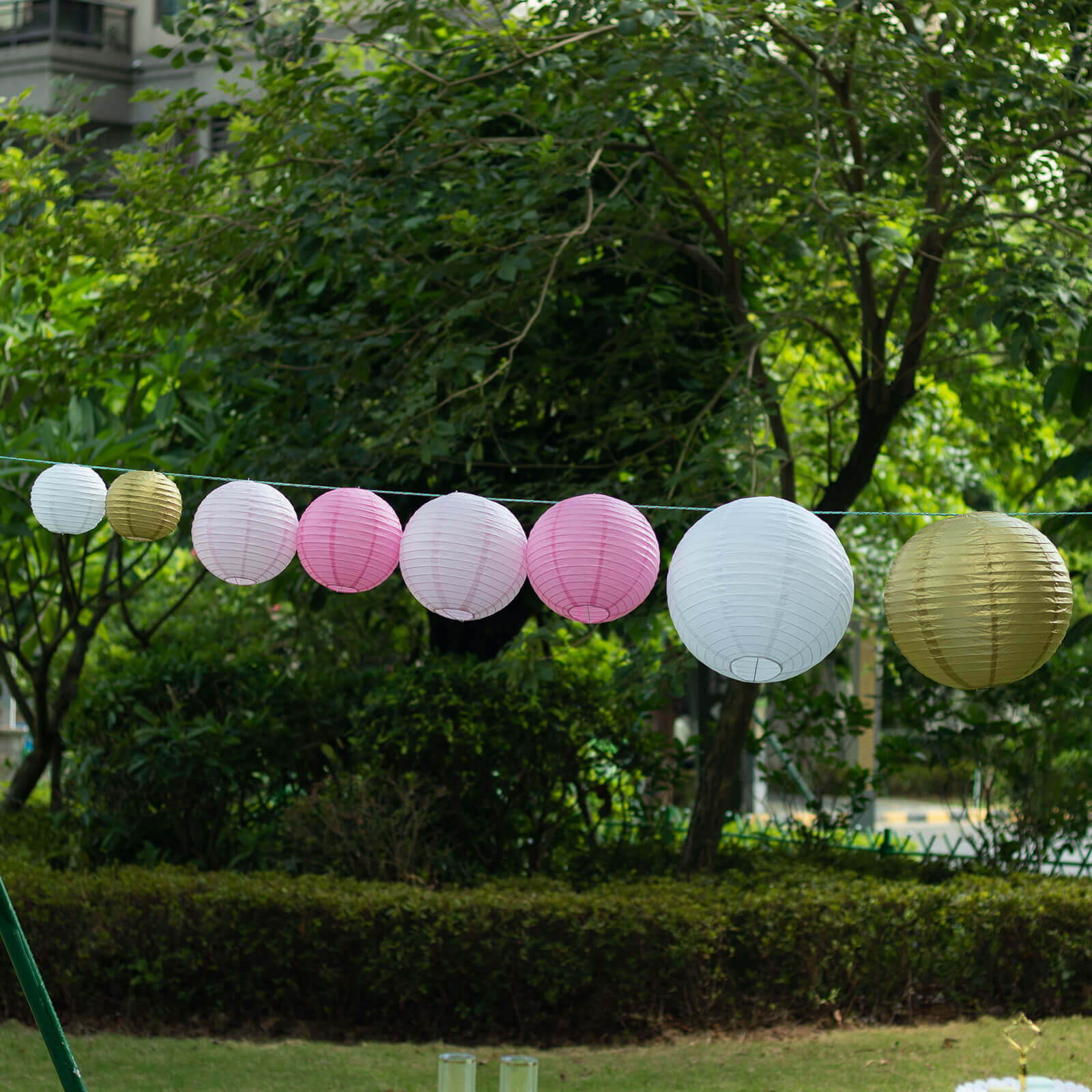Set of 8 Mixed Blush Gold Hanging Paper Lanterns, Decorative Round Chinese Sky Lanterns, Assorted Sizes - 6",8",10",14"