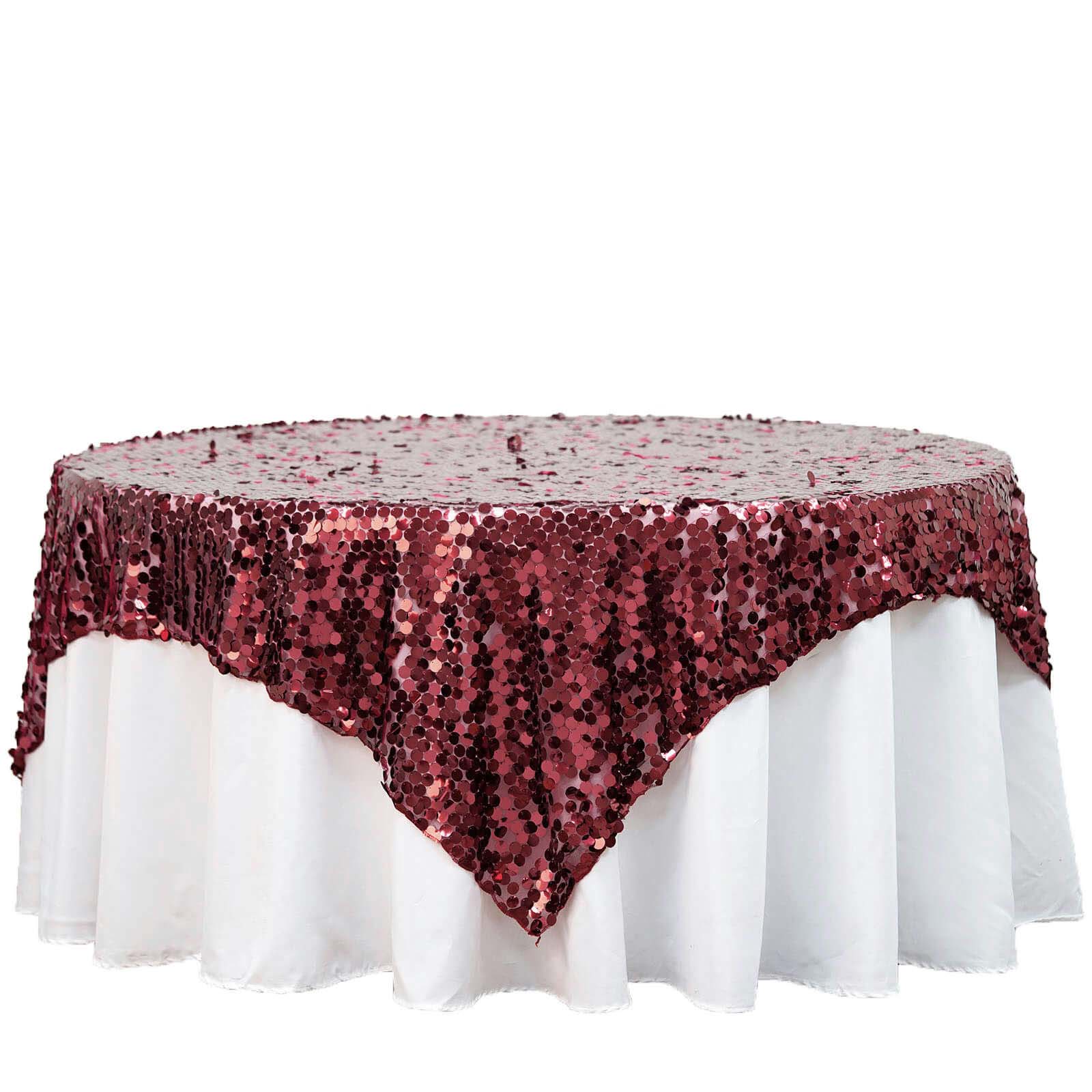 72"x72" Burgundy Big Payette Sequin Square Table Overlay