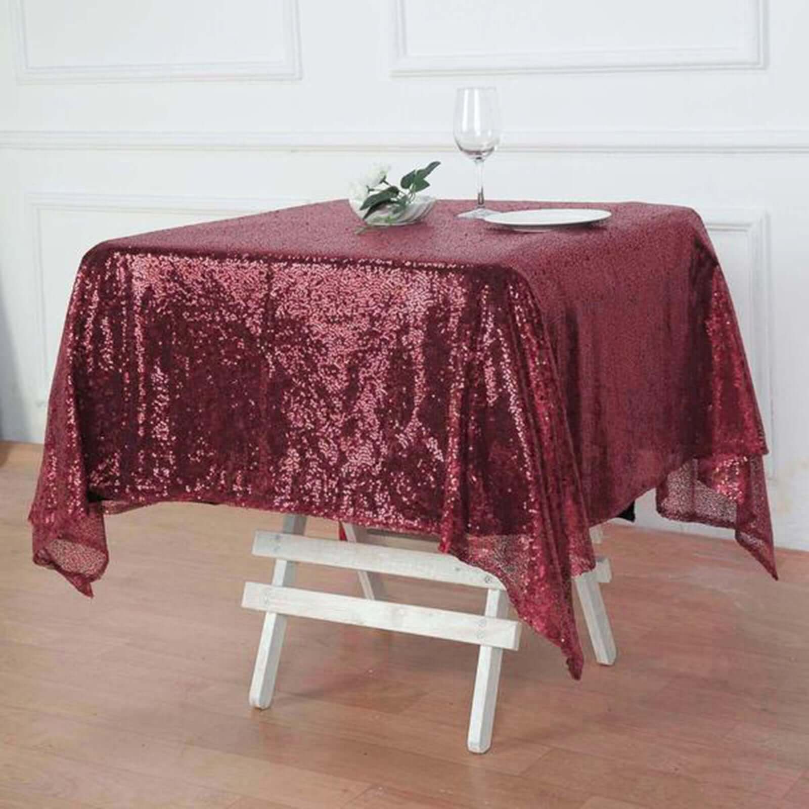 Sequin 60"x60" Table Overlay Square Tablecloth Burgundy - Luxe Wedding Table Topper
