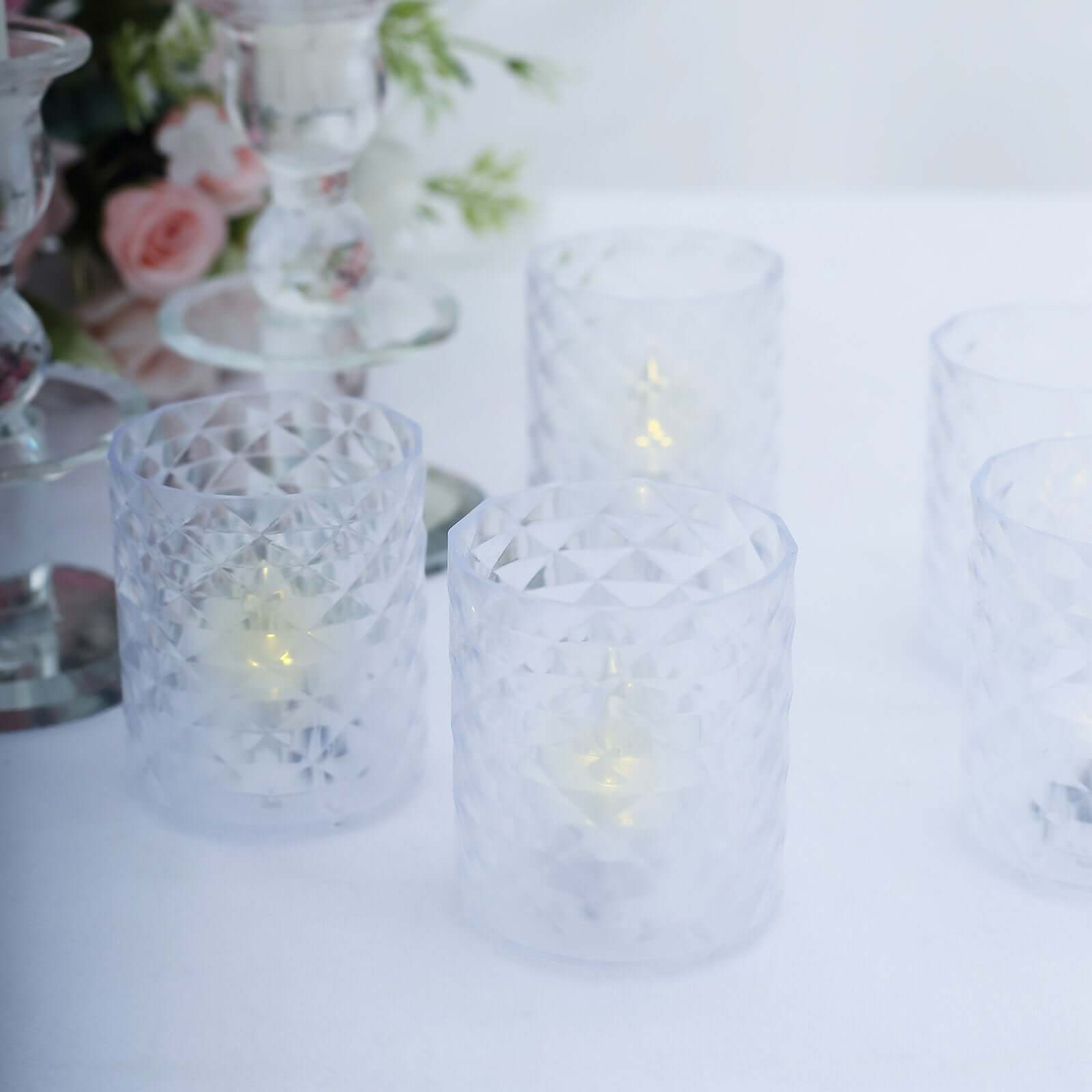12-Pack LED Tealight Candle Holders Whiskey Glass Design Clear - Warm White Battery Operated Lights 3"