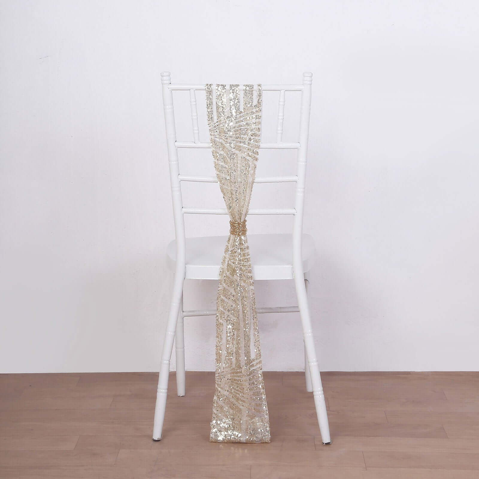 5 Pack Glitz Sequin Chair Sashes with Geometric Diamond Design 6"x88" Champagne