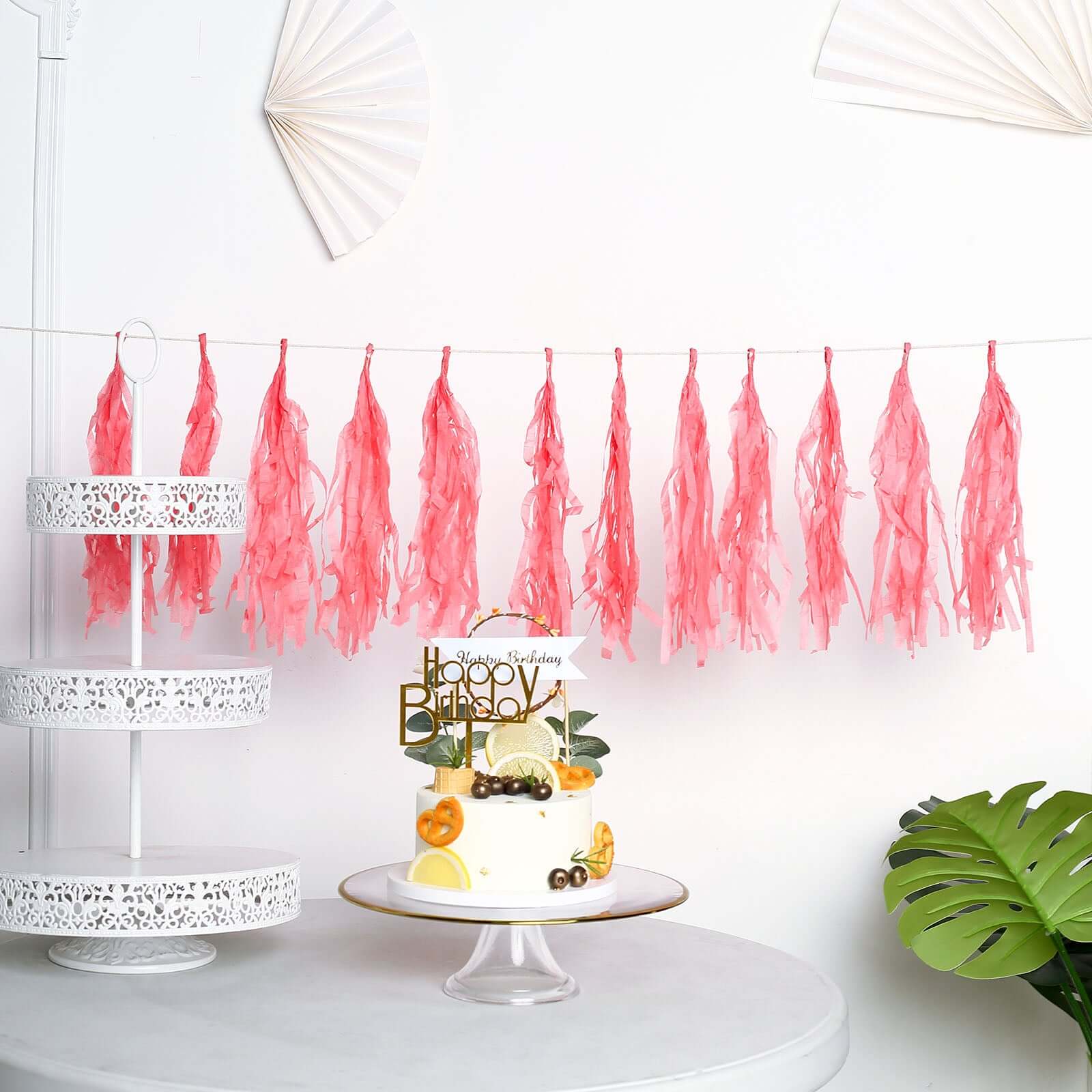 12 Pack Pre-Tied Coral Tissue Paper Tassel Garland With String, Hanging Fringe Party Streamer Backdrop Decor