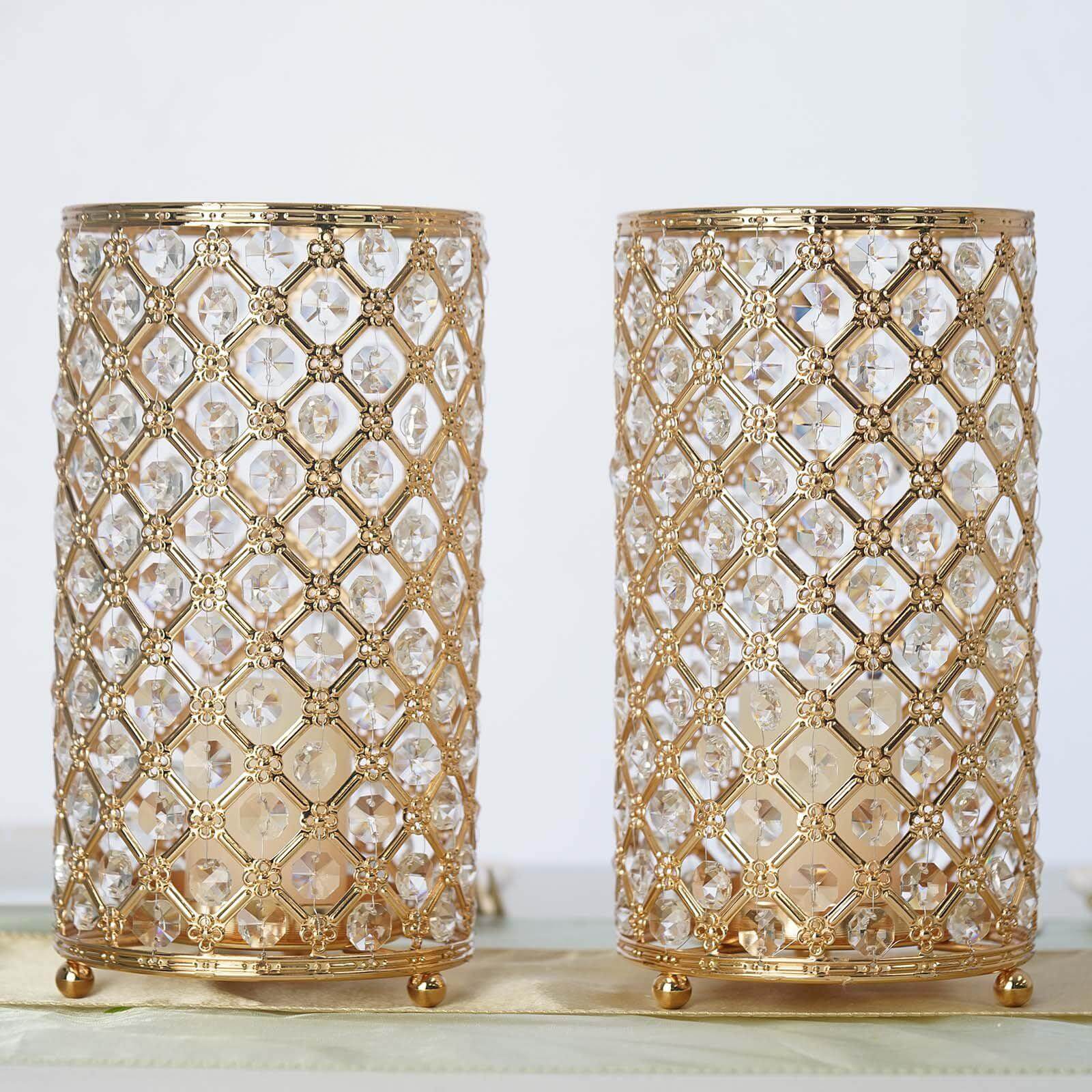 2-Pack Metal Crystal Beaded Pillar Holders Gold - Versatile Stem Vase Set for Decor 9"