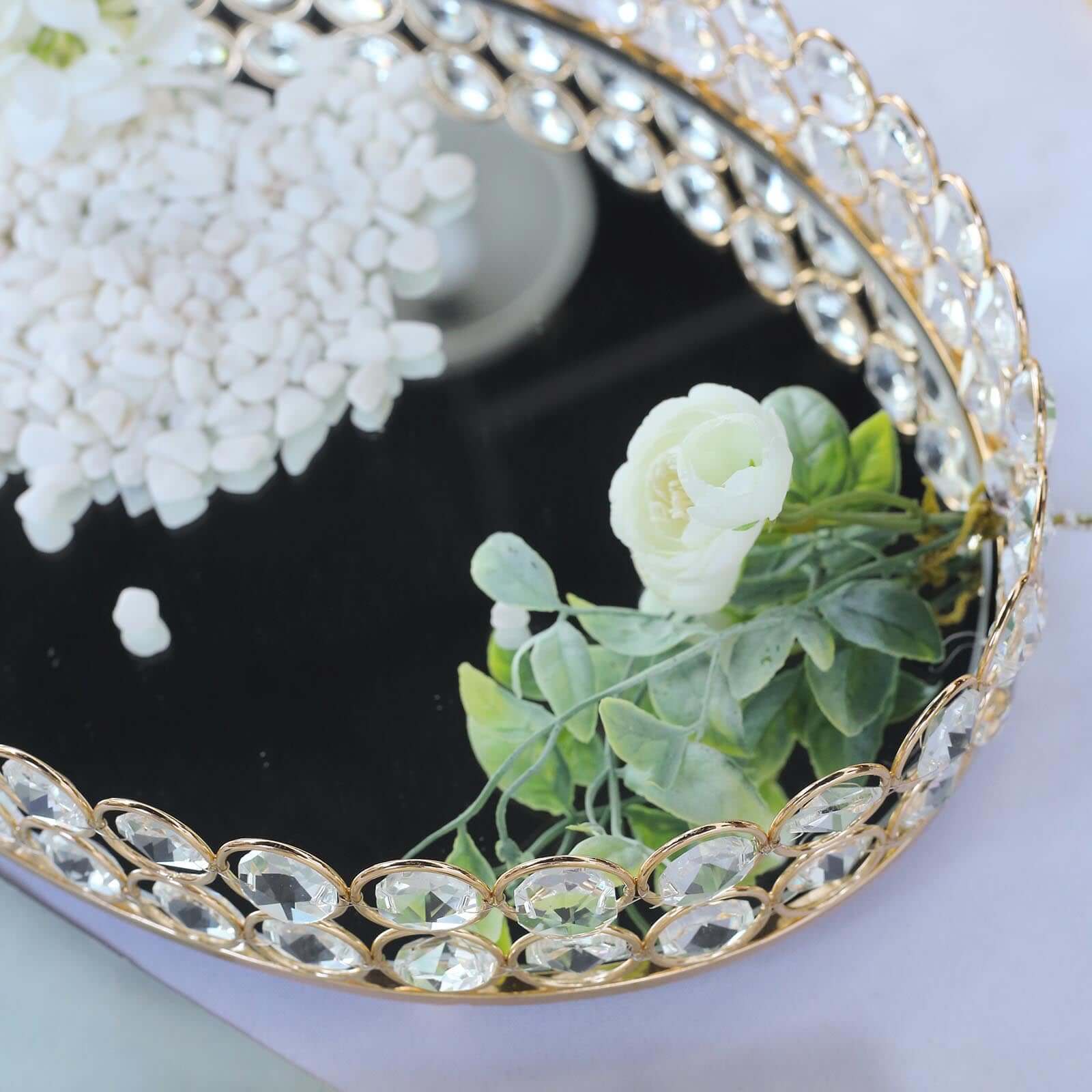 Gold Metal Crystal Beaded Mirror Oval Vanity Serving Tray, Decorative Tray - Medium 14"x10"