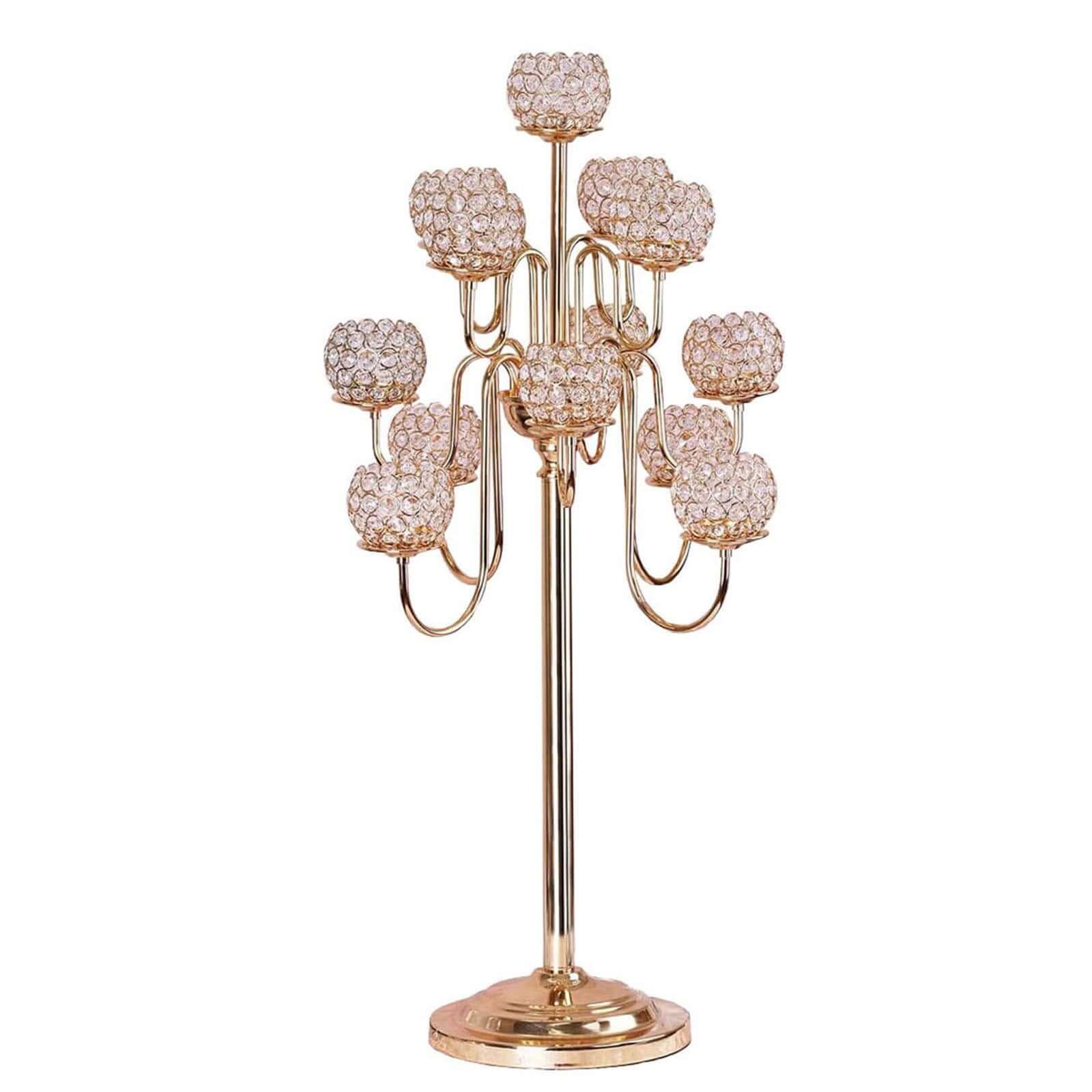 Metal Crystal Beaded Candelabra Gold 13 Arm Design - Table Centerpiece for Events 40"
