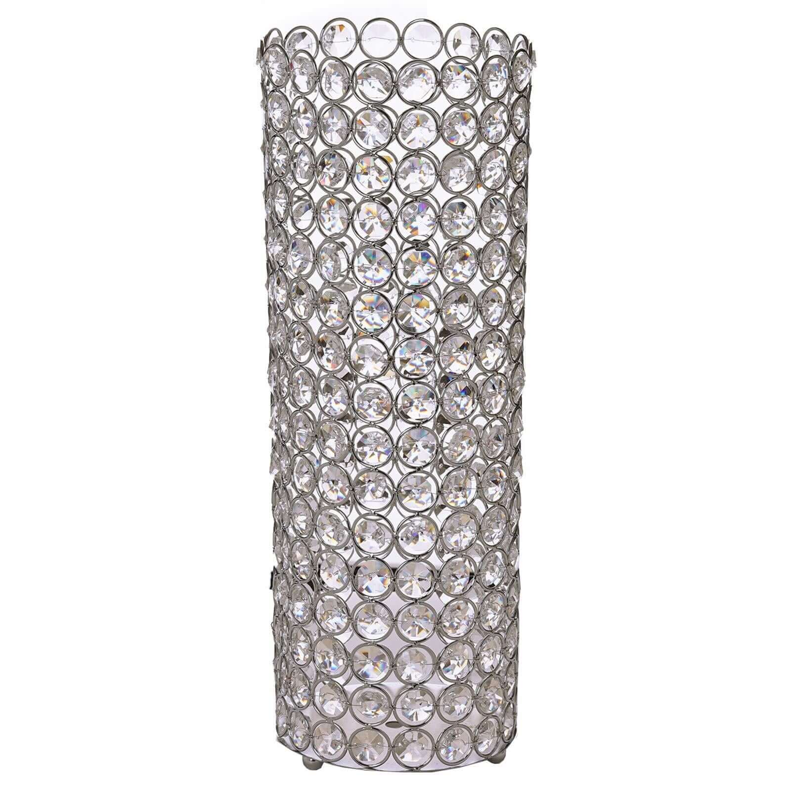 Full Crystal Beaded Candle Holder Shiny Metallic Silver Metal - Stylish Pillar Stand for Weddings 16"