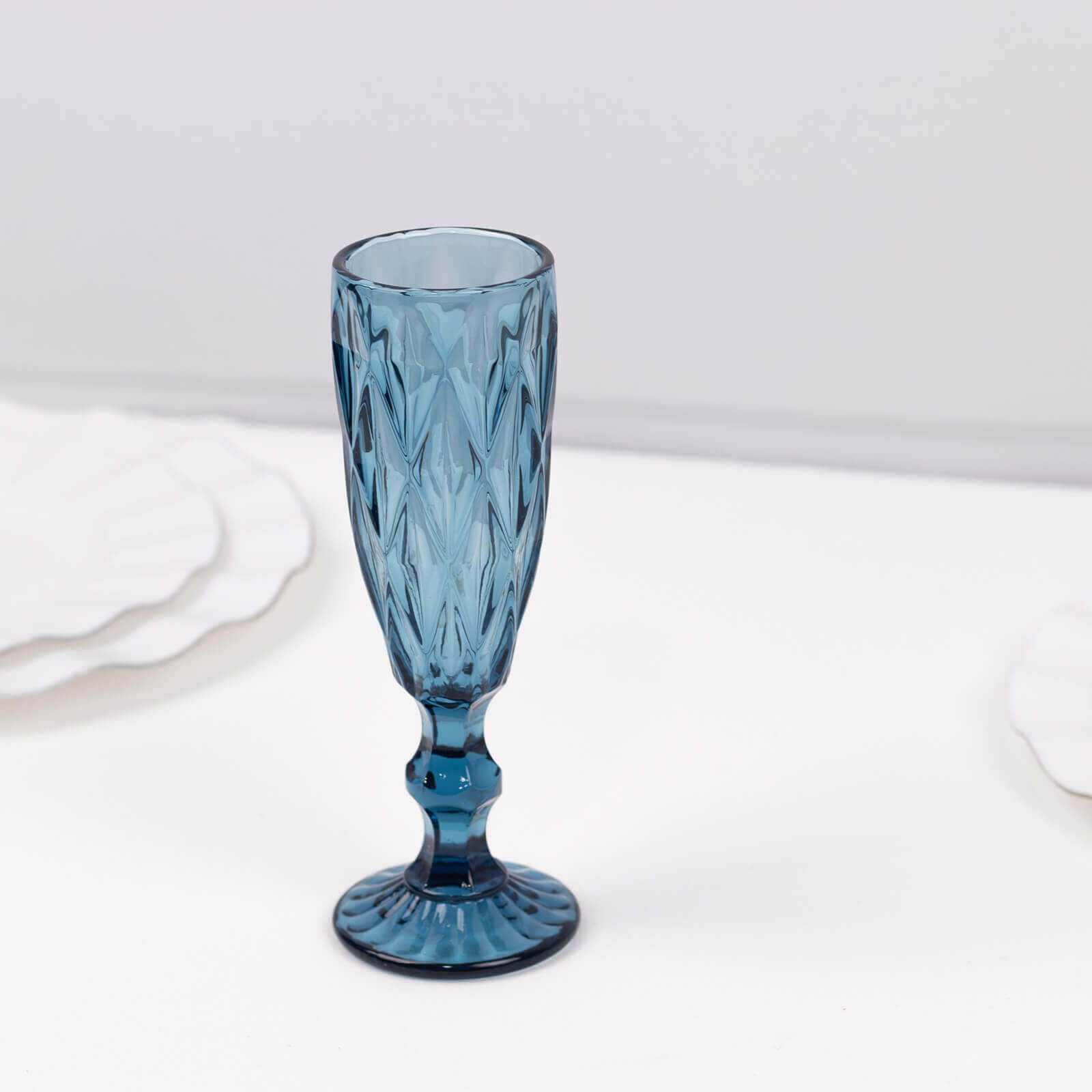 6-Pack Champagne Flute Glasses Transparent Ocean Blue Textured Crystal Cut Design - Chic Wine Goblets for Parties & Events 6oz 8"