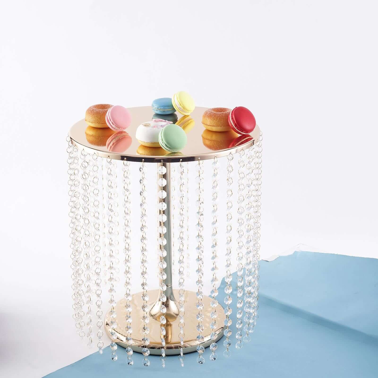 Metal Cake Stand Round Design Metallic Gold with Crystal Chains 14" Dia - Cupcake Dessert Pedestal 16"Tall