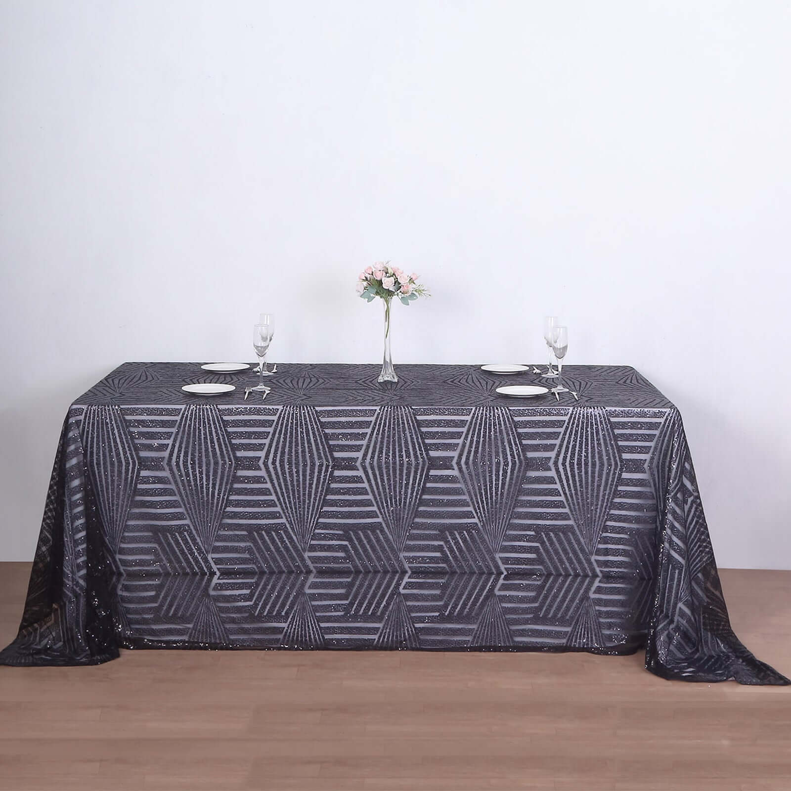 Sequin 90"x132" Rectangle Tablecloth Black - Seamless Diamond Table Cover