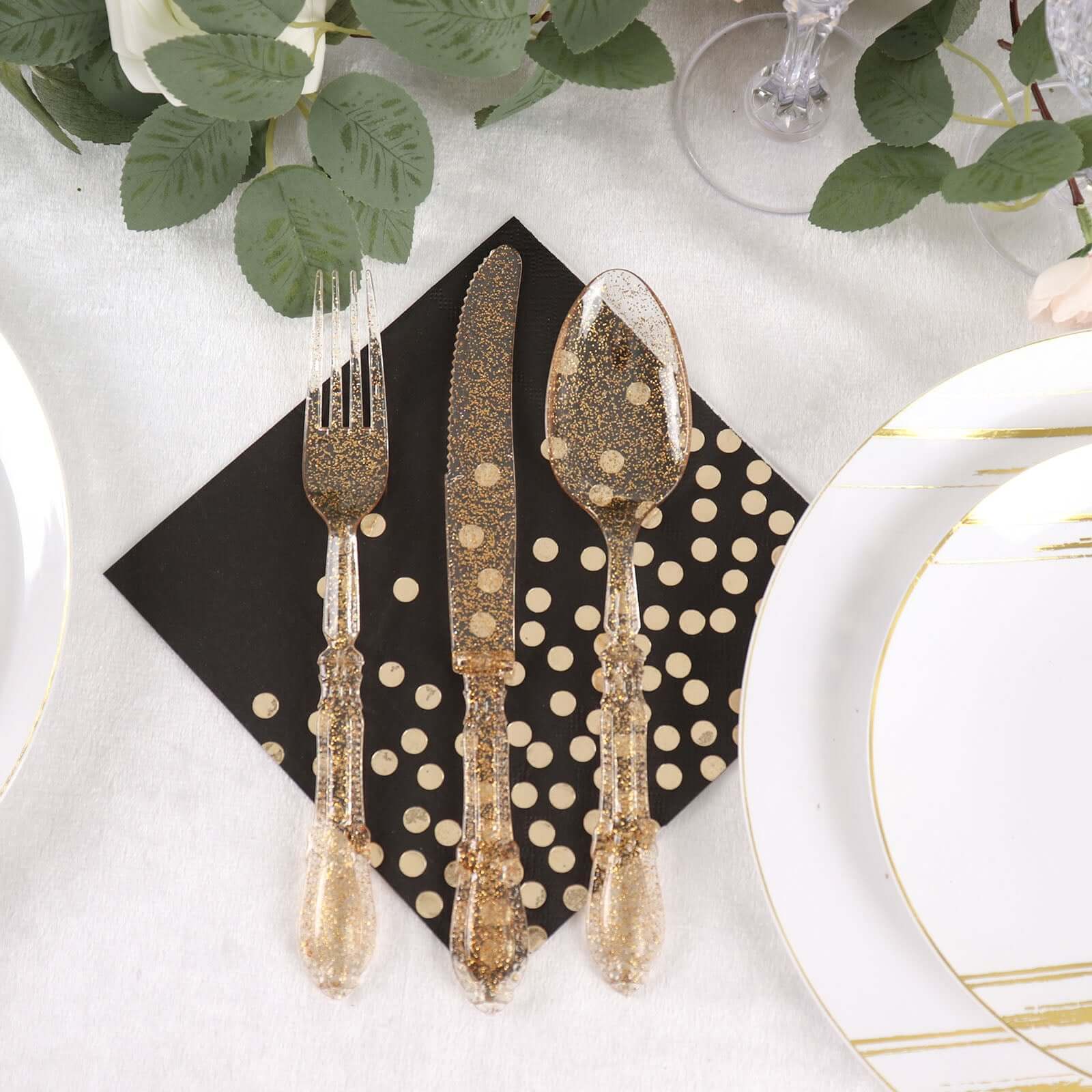 24-Pack Plastic Utensil Set Clear with Gold Glitter - Heavy Duty Disposable Silverware for Events