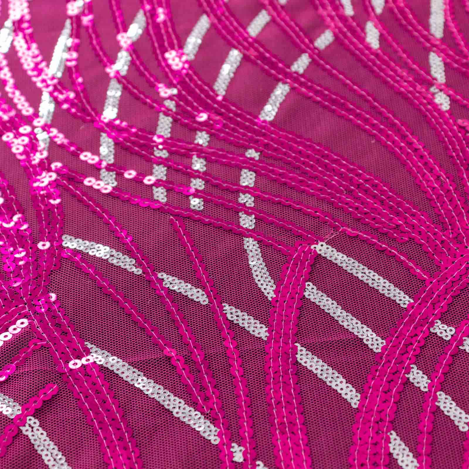 Mesh 90"x156" Rectangle Tablecloth Fuchsia/Silver - Wave Sequin Embroidered Table Cover