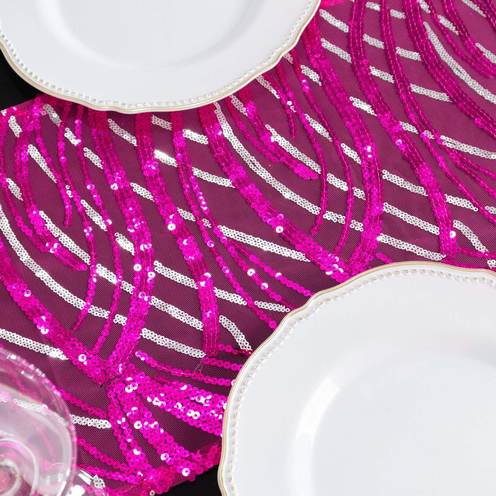 Sequin Mesh 12"x108" Table Runner Fuchsia Stylish Wave Embroidery