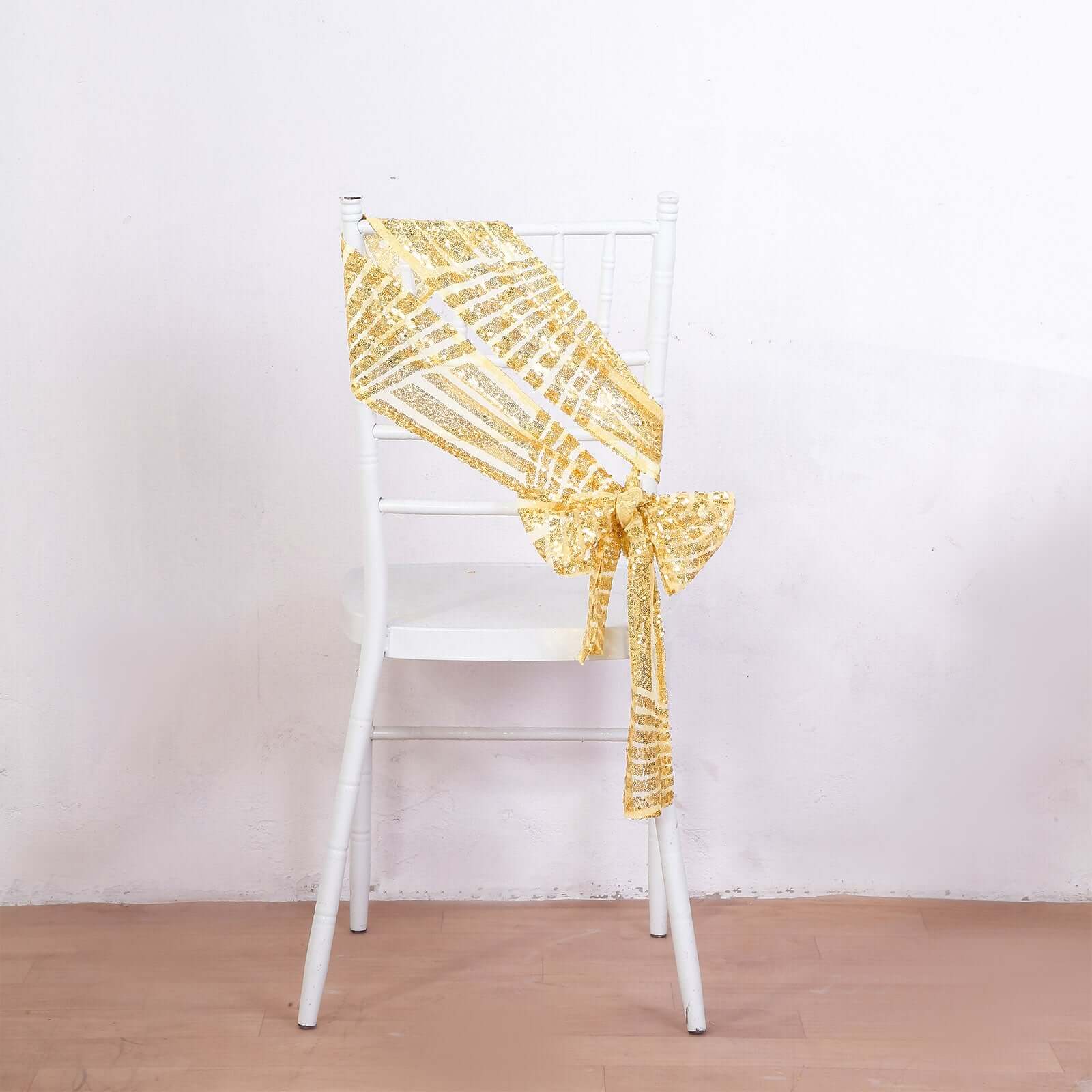 5 Pack Glitz Sequin Chair Sashes with Geometric Diamond Design 6"x88" Gold - Glittering Accent for Weddings