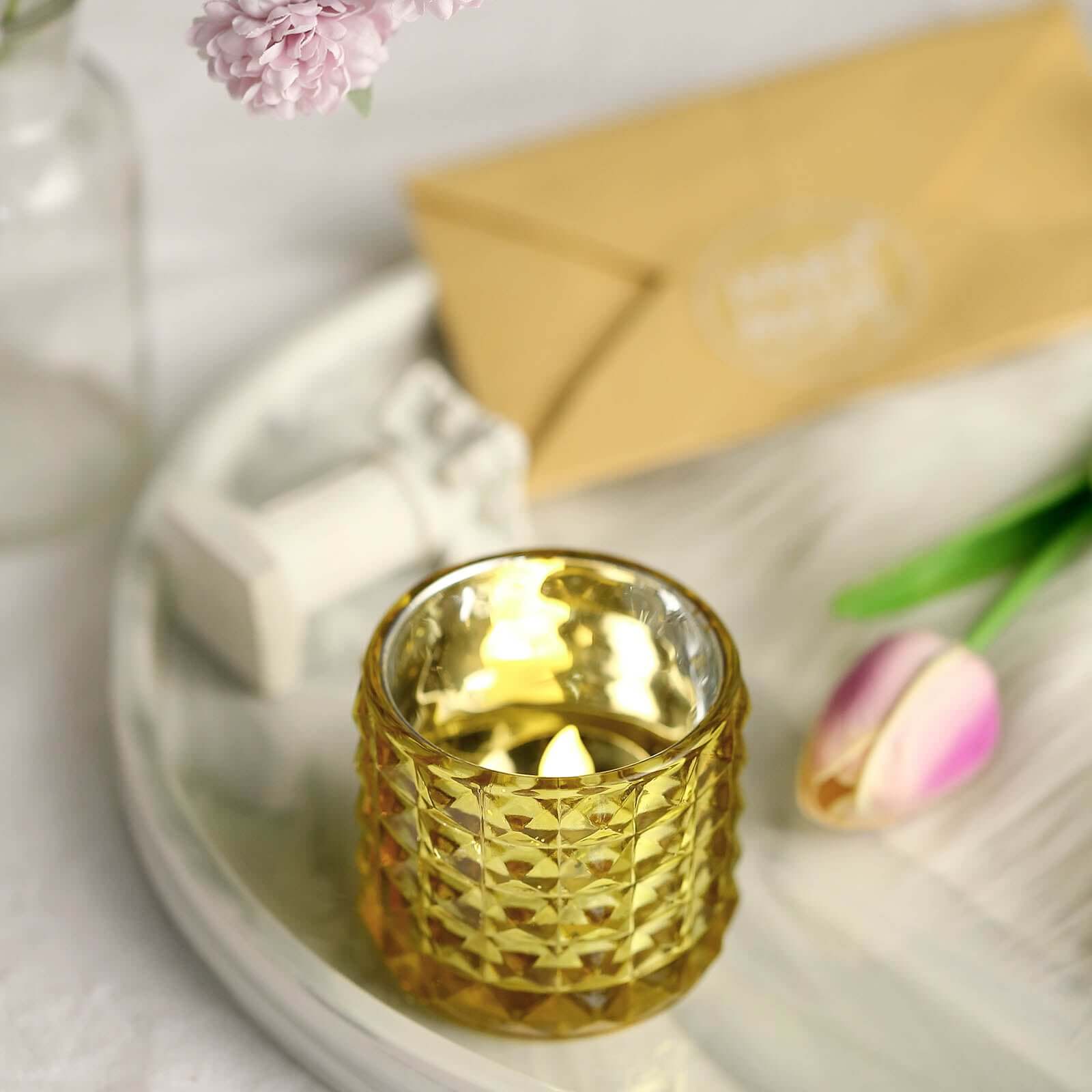 6 Pack 3" Studded Gold Mercury Glass Votive Holders, Faceted Tealight Candle Holders