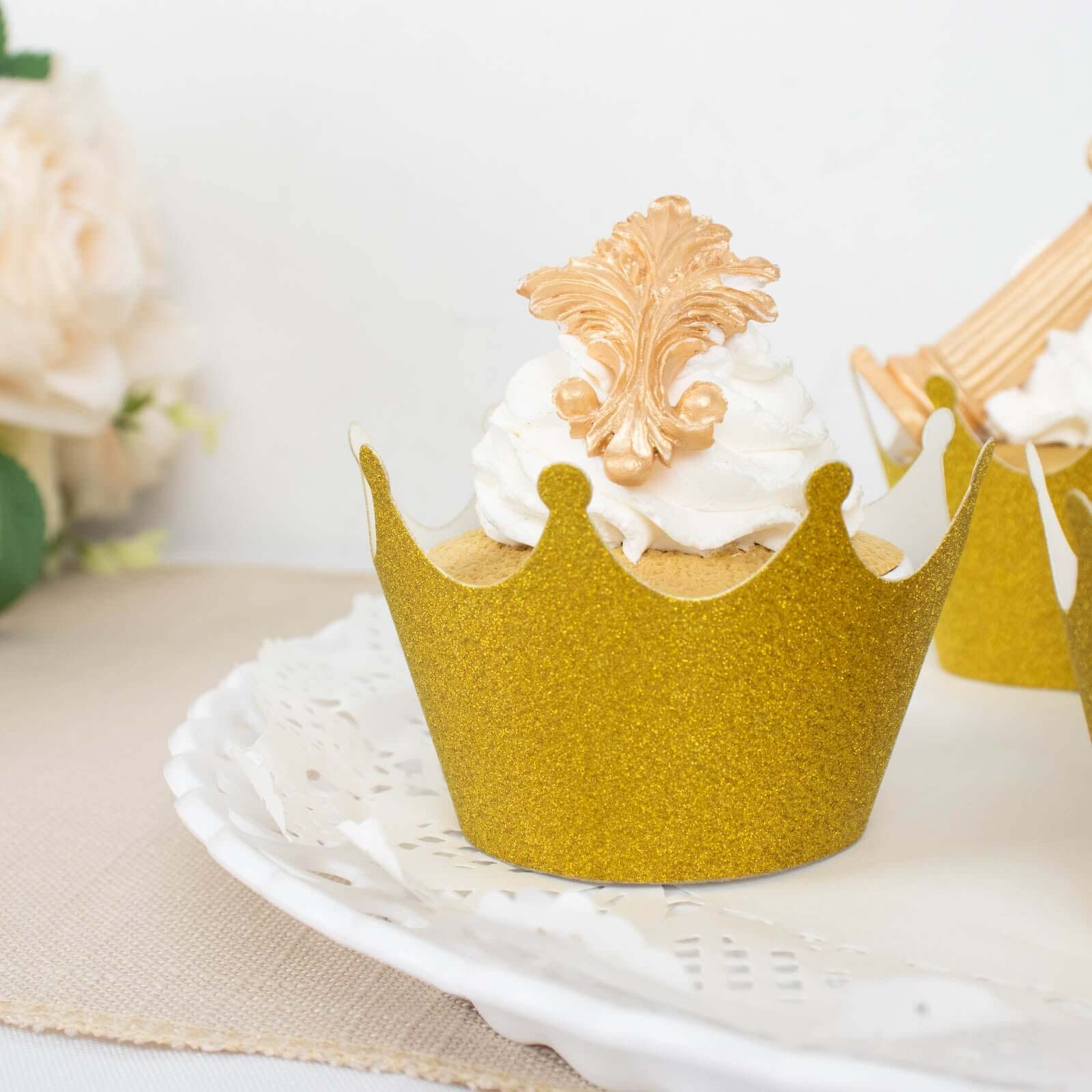 25-Pack Paper Cupcake Wrappers Glitter Crown Design Gold - Dust Free Muffin Paper Cup Liners